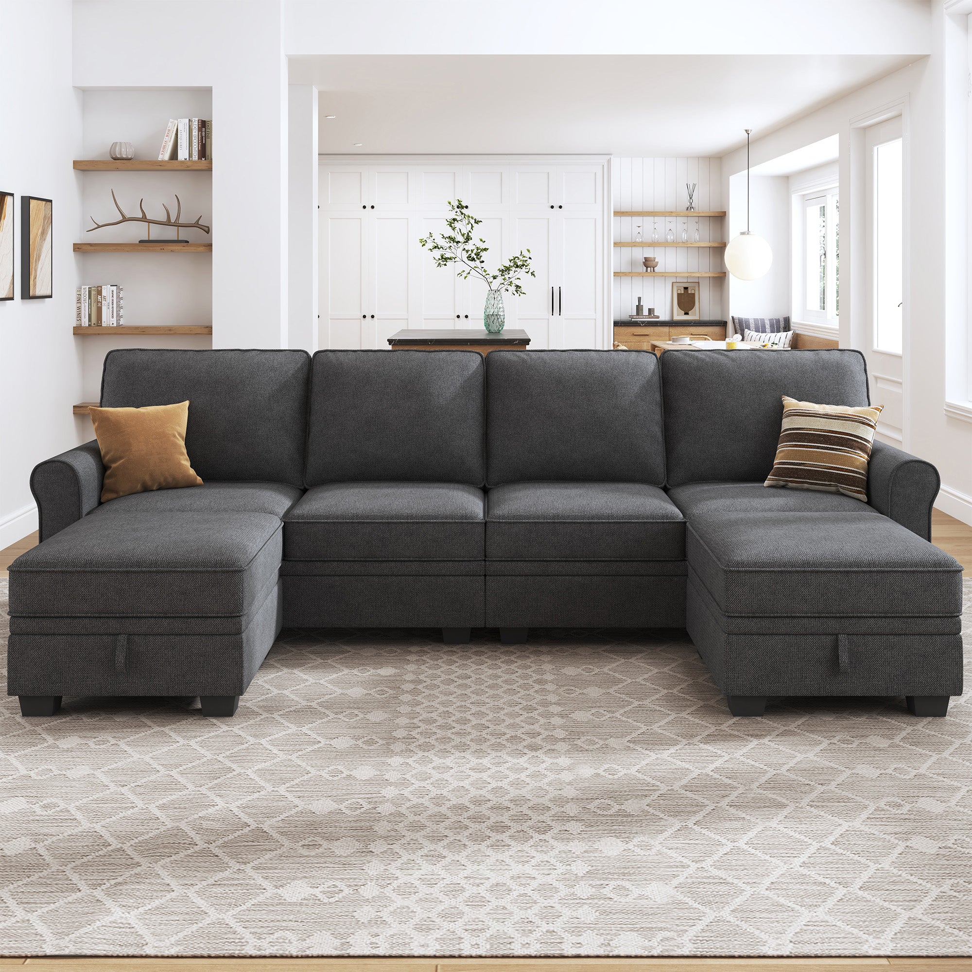 HONBAY 4-Seat Sectional Sofa U-Shaped Sofa with Storage Seat Media#Color_Dark Grey