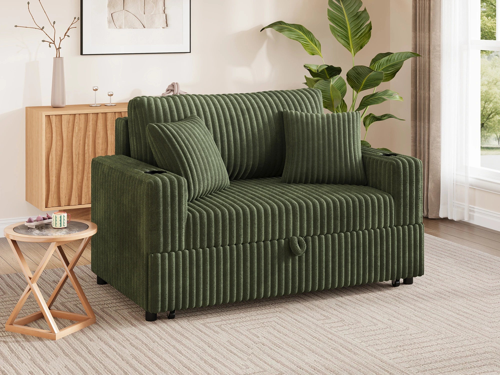 Wide Plush Corduroy Pull-out Sleeper Loveseat 
#Color_Corduroy Green