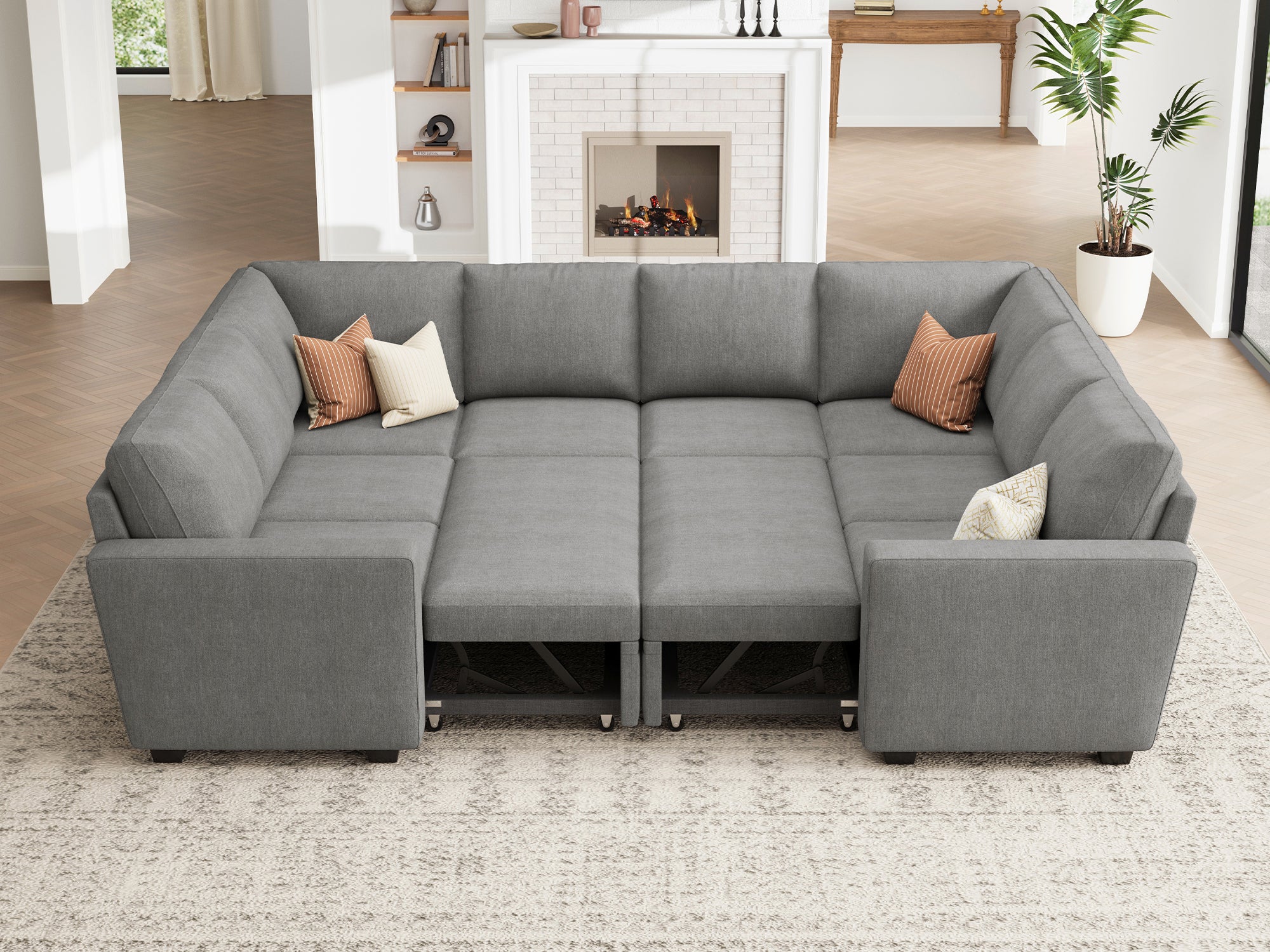 HONBAY Sleep Modular Sofa 8-Seat Sofa Bed with 2-Storage Space #Color_Warm Grey