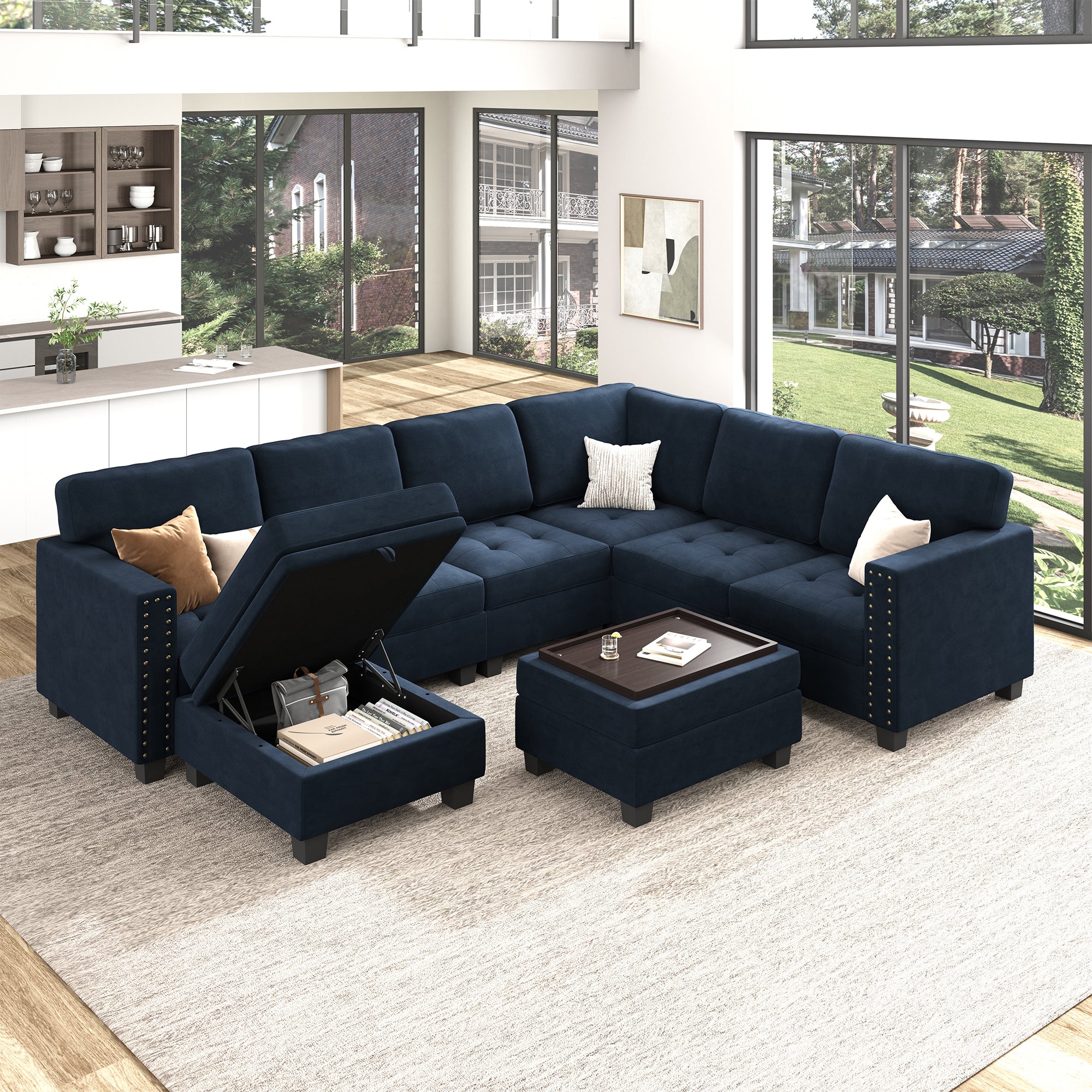 HONBAY Velvet U-Shaped 8-Seater Corner Sectional Sofa with Reversible Storage & Lid Ottoman #Color_Dark Blue