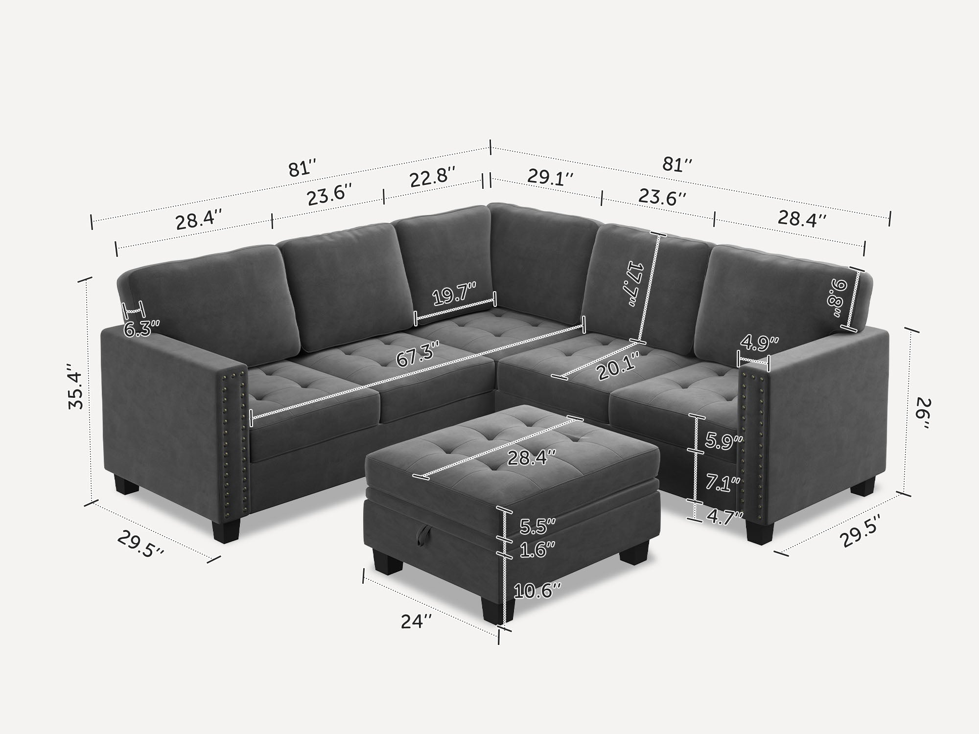 HONBAY 6-Piece Velvet Modular Sectional With Storage Ottoman