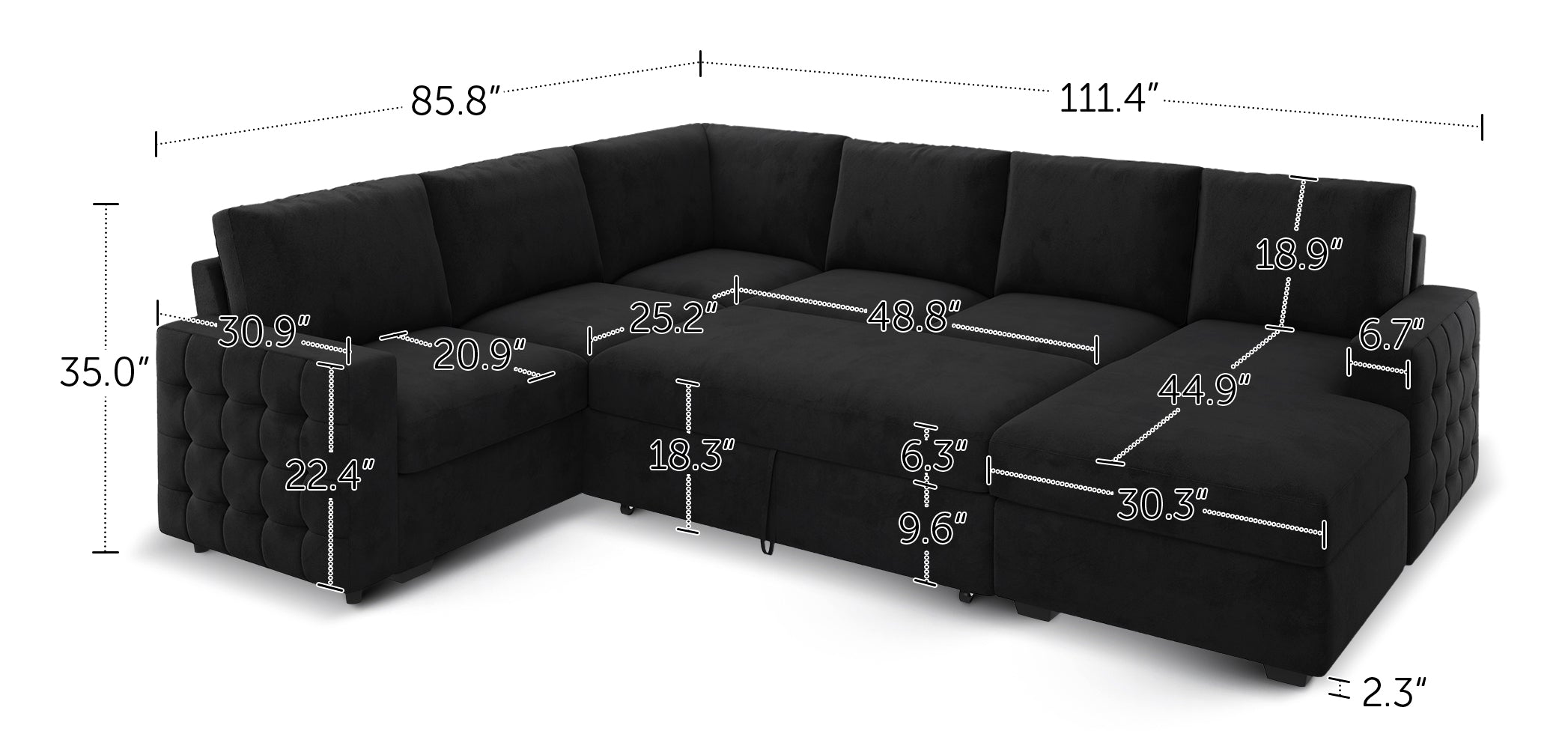 HONBAY 6-Piece Velvet Sleeper Sectional With Storage Space With Dimensions #Color_Black Style I
