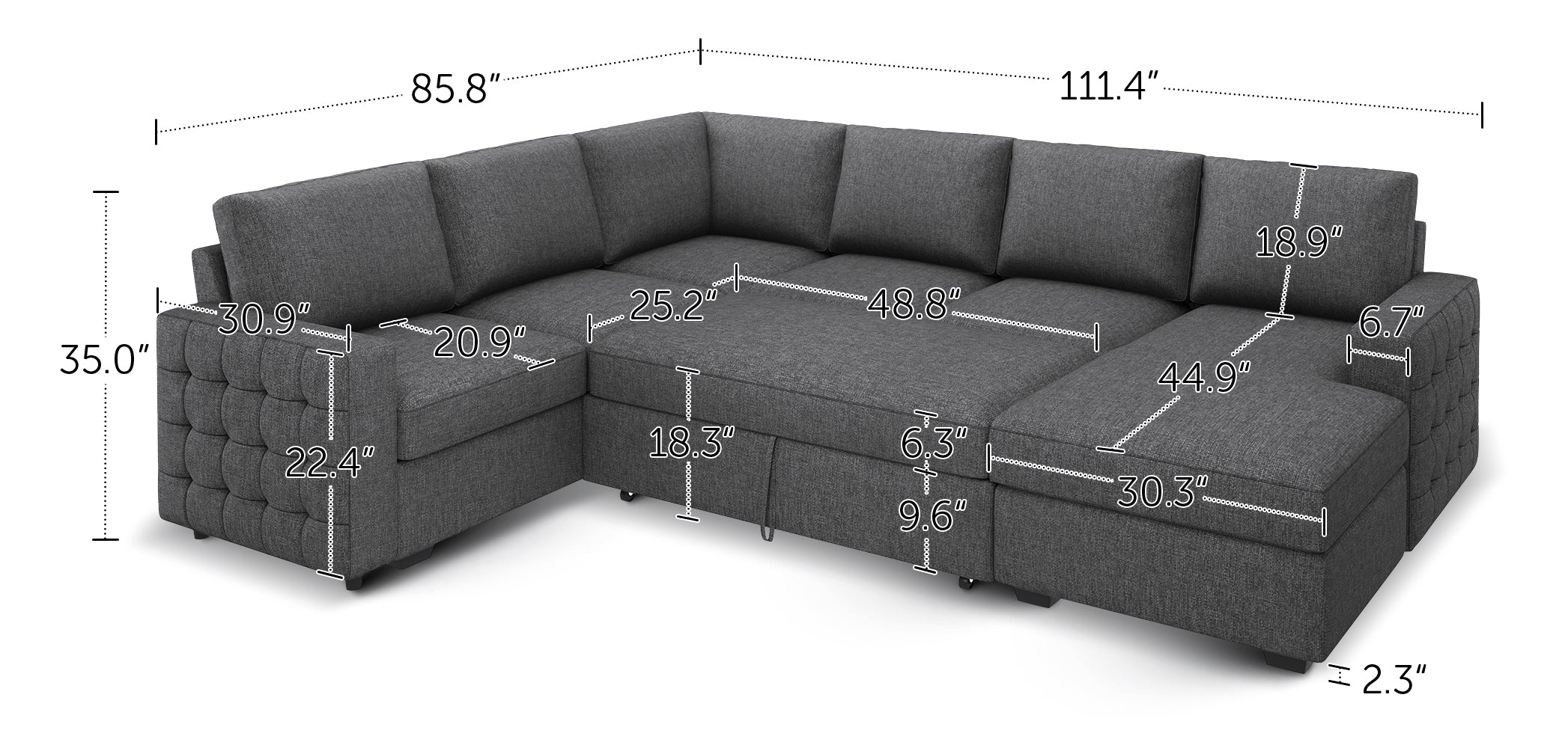 HONBAY 6-Piece Polyester Sleeper Sectional With Storage Space With Dimensions #Color_Light Grey