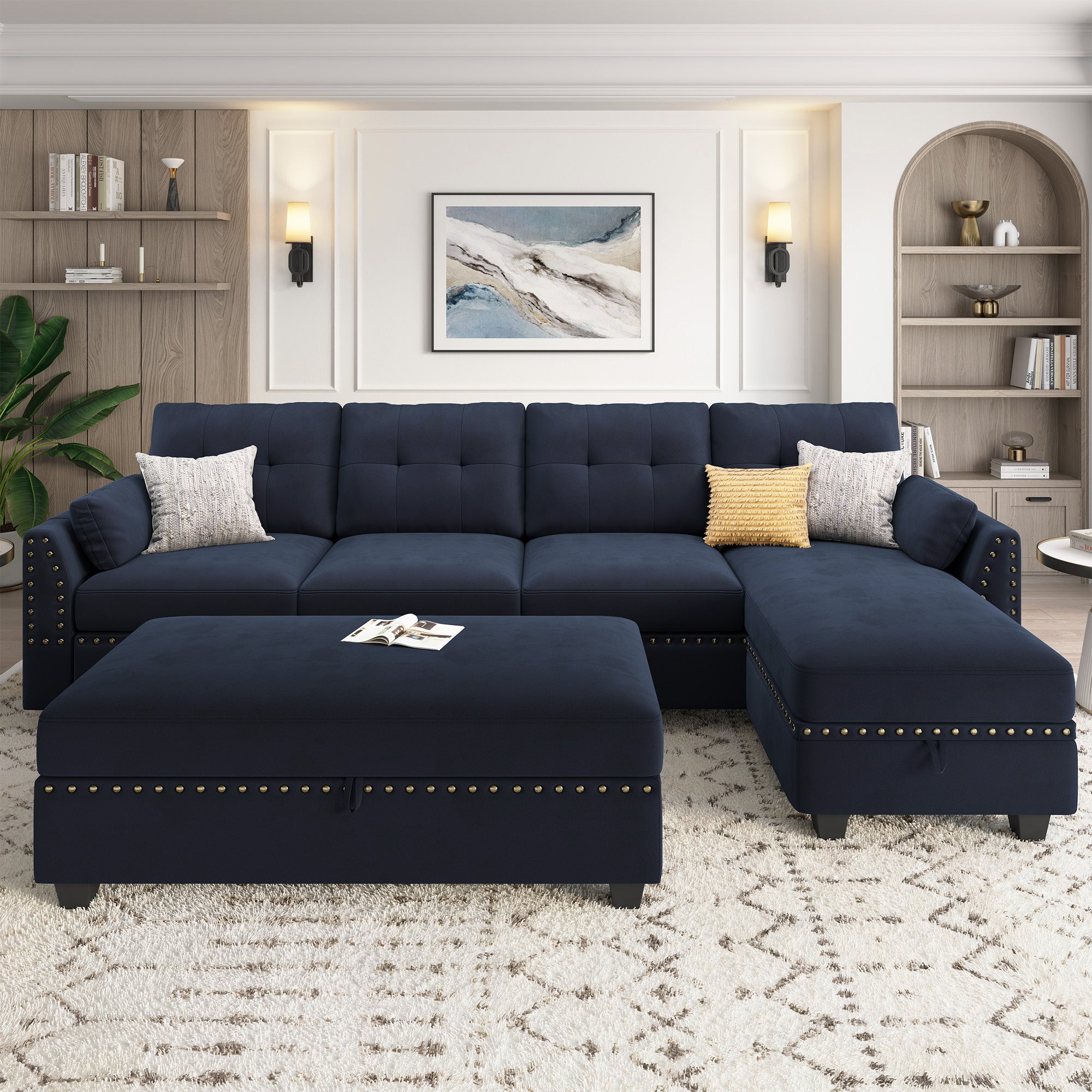 HONBAY Velvet 4-Seat L-Shaped Sectional Sofa with Storage Ottoman