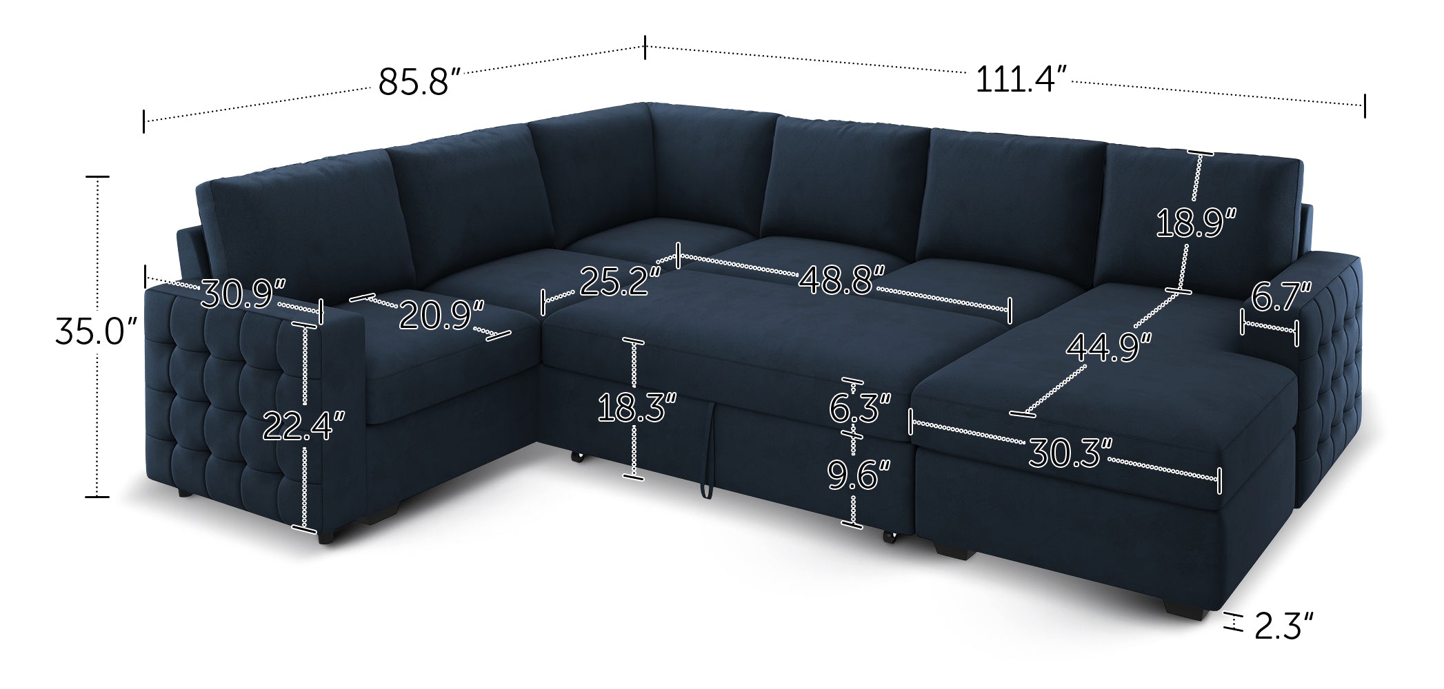 HONBAY 6-Piece Velvet Sleeper Sectional With Storage Space #Color_Dark Blue