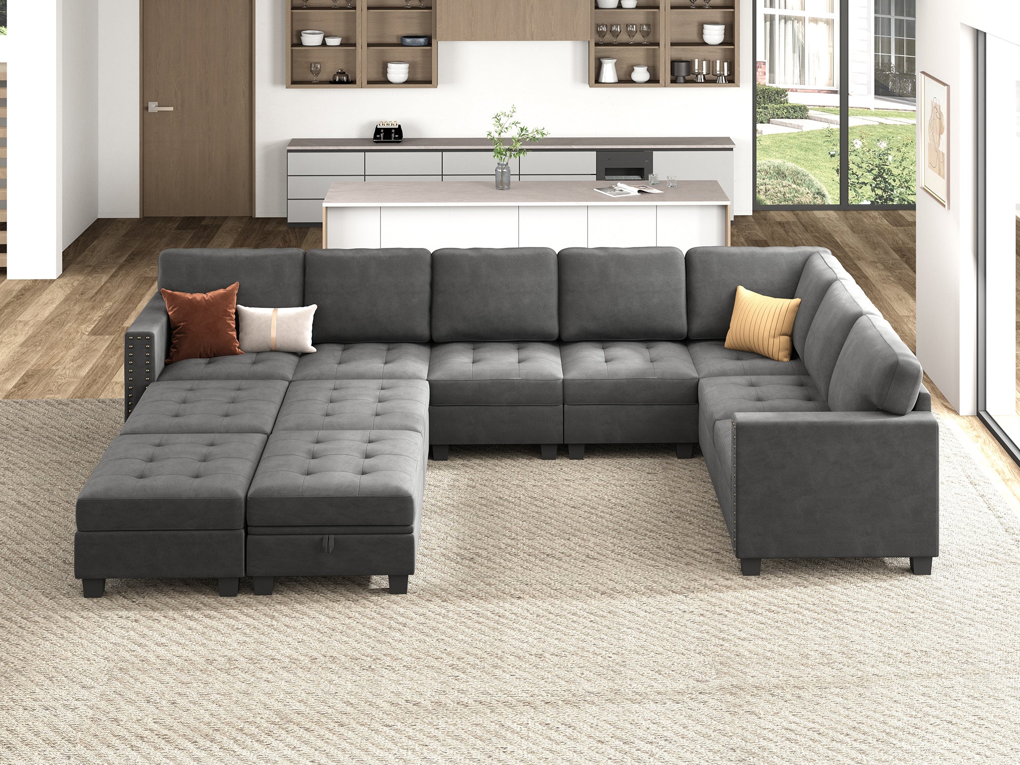 HONBAY 11-Piece Velvet Modular Sleeper Sectional With Storage Space