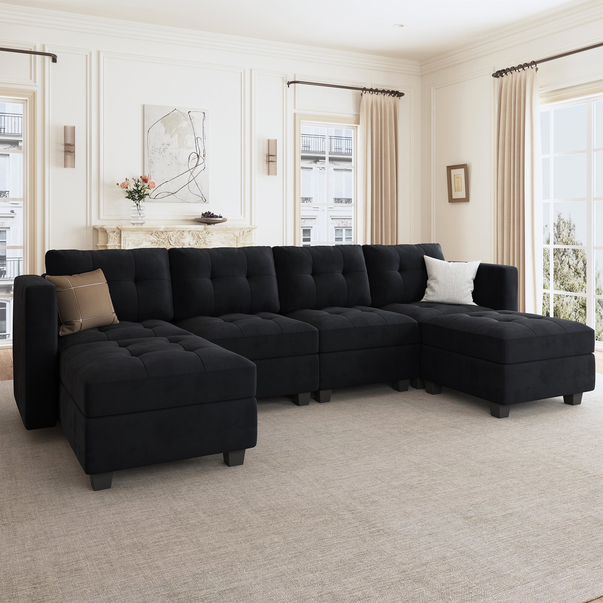 HONBAY Tufted Modular Sofa 4-Seat+1-Side Armrest+2-Ottoman with Storage Seater