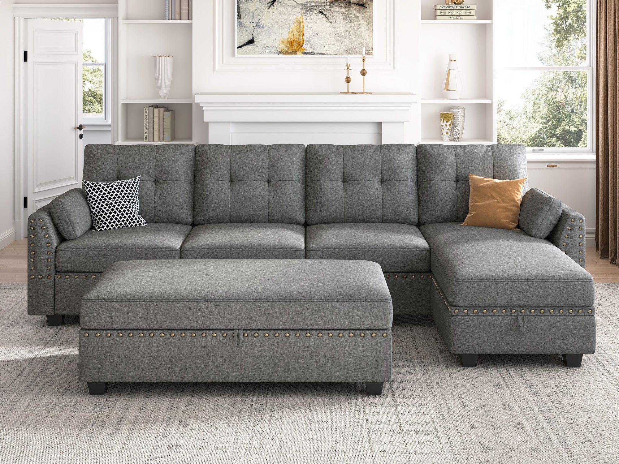 HONBAY 4-Seat L-Shaped Sectional Sofa with Rectangle Storage Ottoman