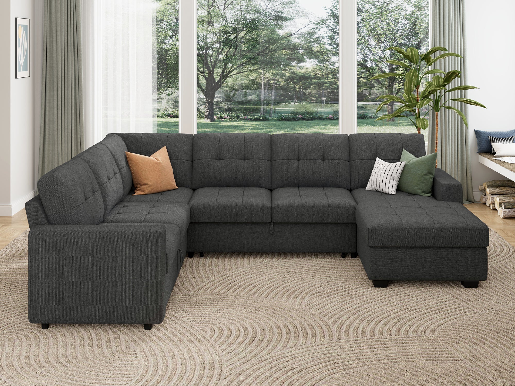 HONBAY 6-Piece Polyester Sleeper Sectional Sofa With Storage Space