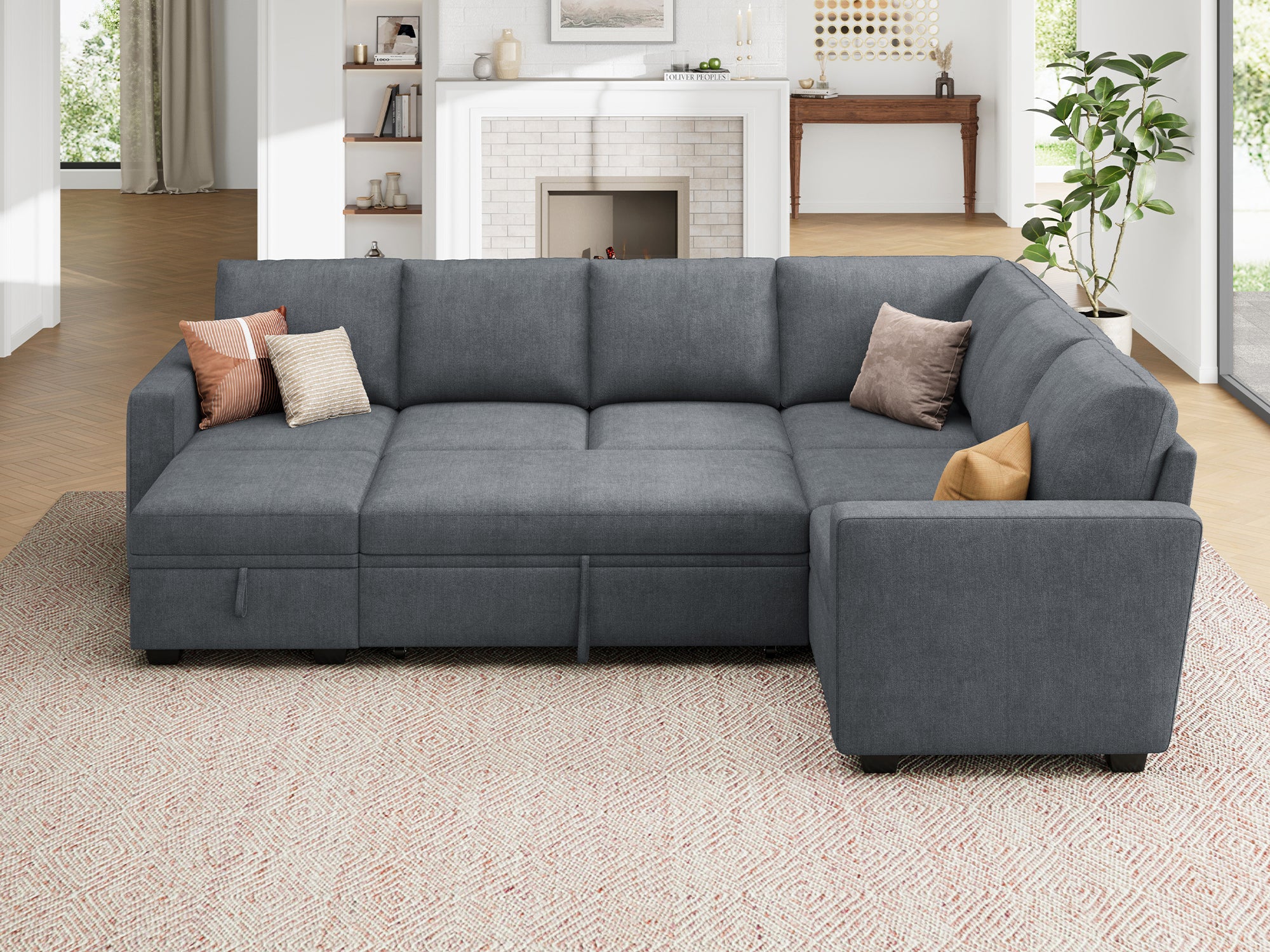 HONBAY Sleep Modular Sofa 7-Seat Sofa Bed with 4-Storage Space #Color_Bluish Grey