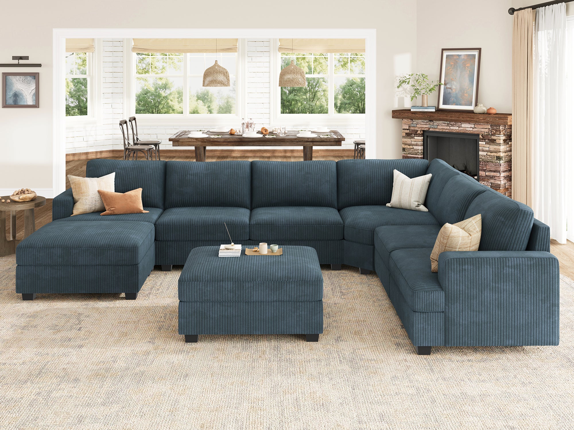 HONBAY 8 Piece Modular Sectional With Storage Ottoman #Color_Corduroy Blue