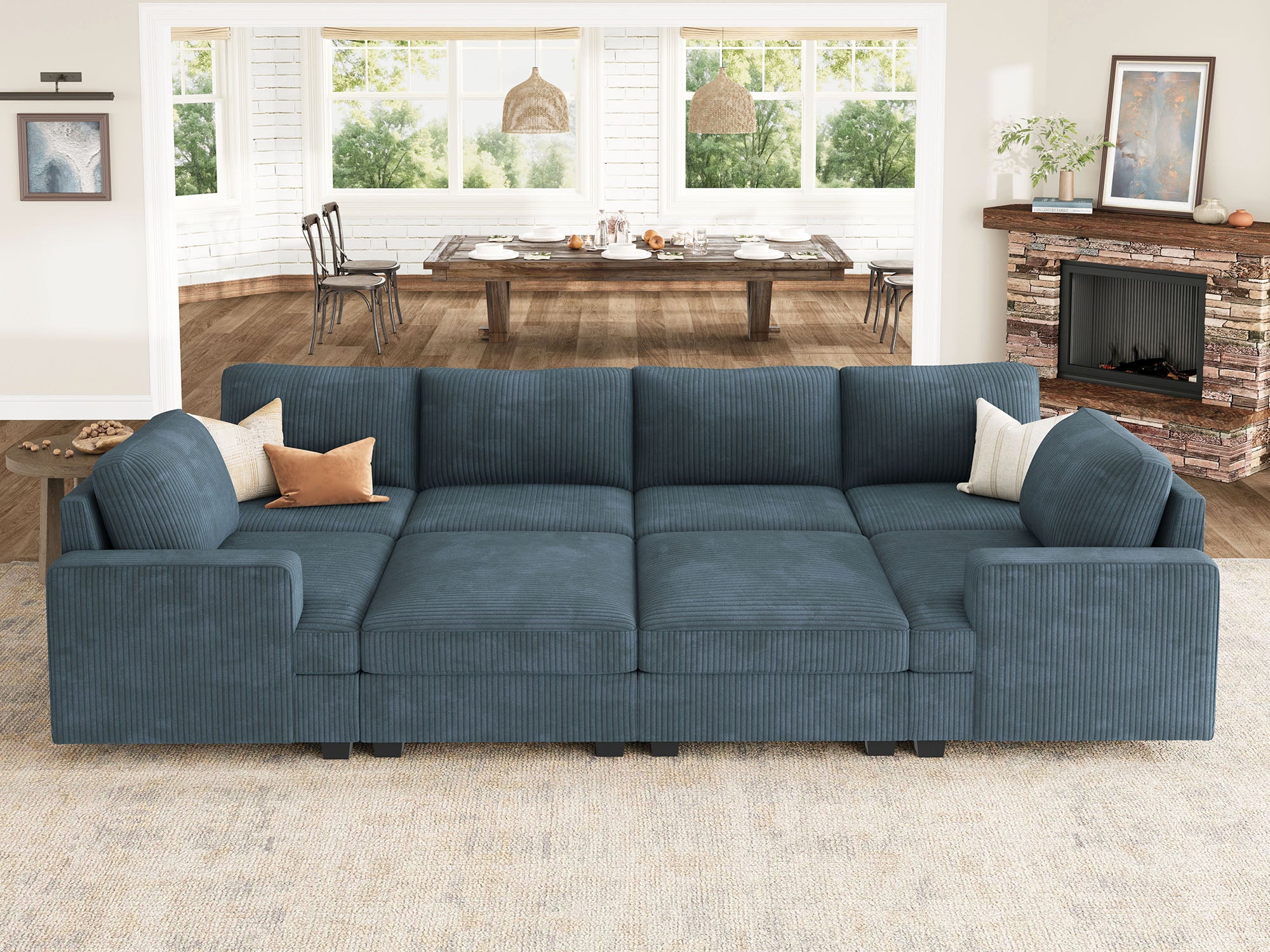 HONBAY 8-Piece Corduroy Modular Sleeper Sectional With Storage Ottoman #Color_Corduroy Blue