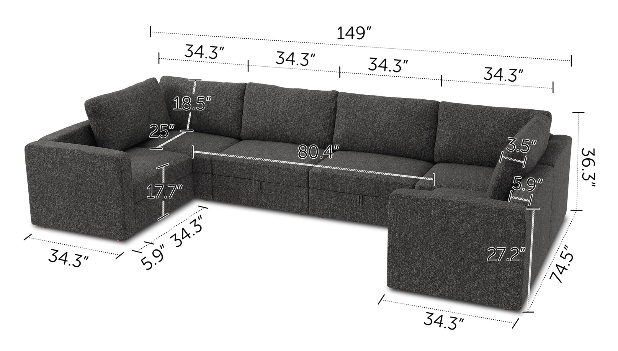 HONBAY 6-Piece Polyester Modular Sectional Sofa With Storage Seat