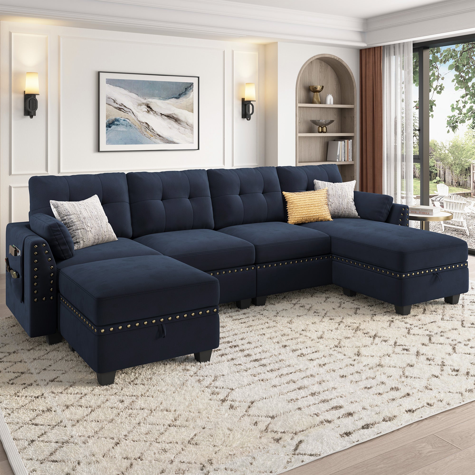 HONBAY Velvet 4-Seat U-Shaped Sectional Sofa with Storage Reversible Chaise Set