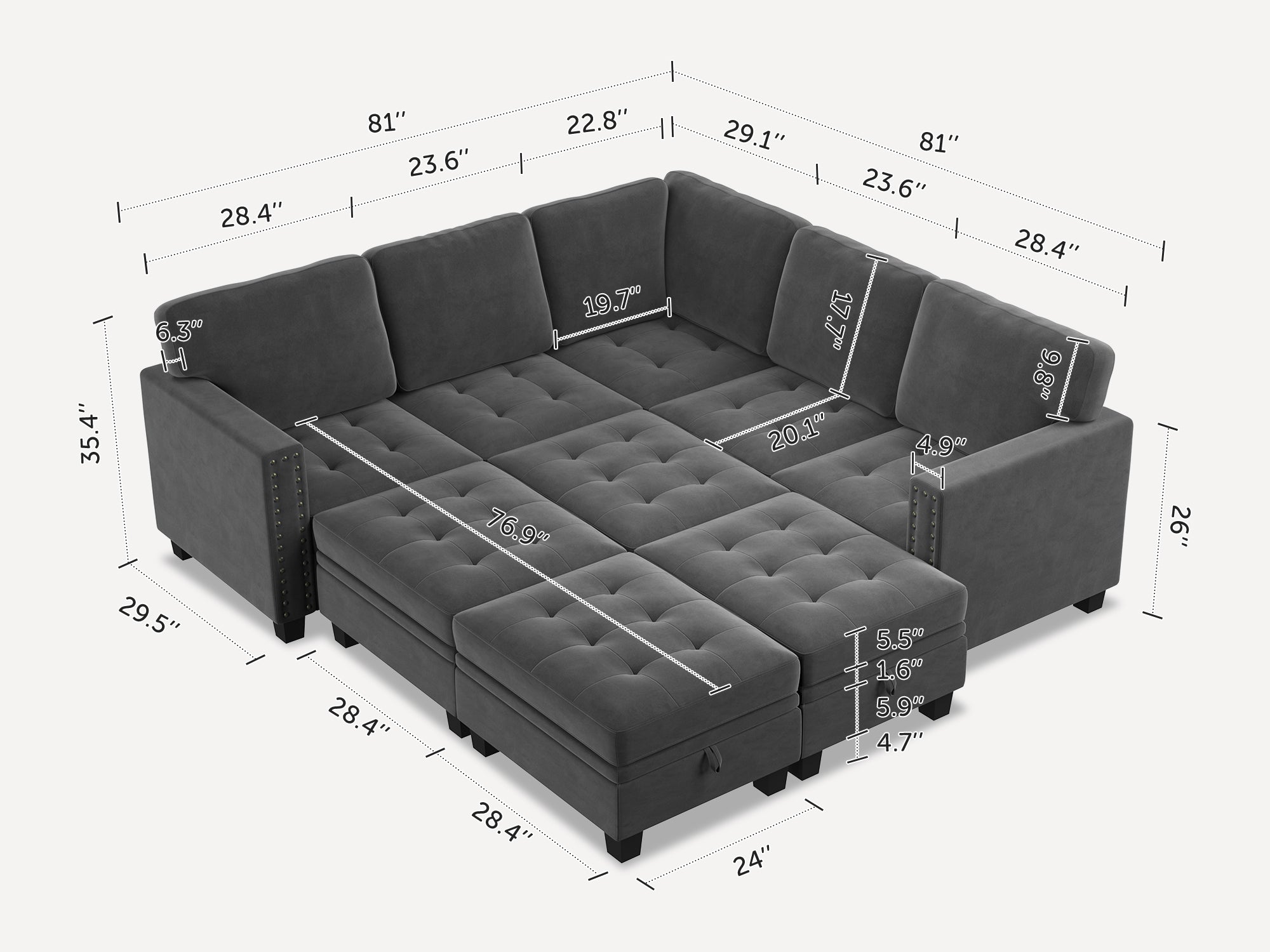 HONBAY 9-Piece Velvet Modular Sleeper Sectional With Storage Space