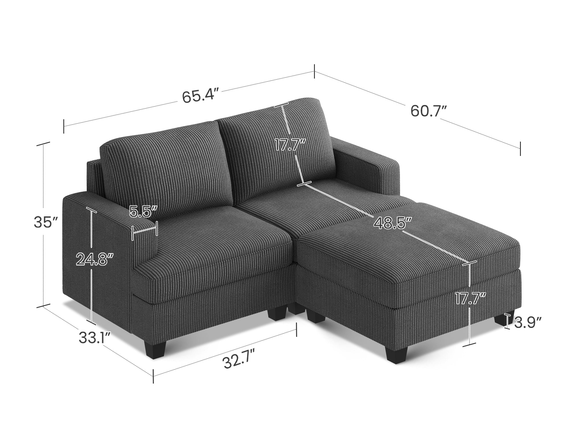 HONBAY 3-Piece Corduroy Modular Sectional With Storage Ottoman