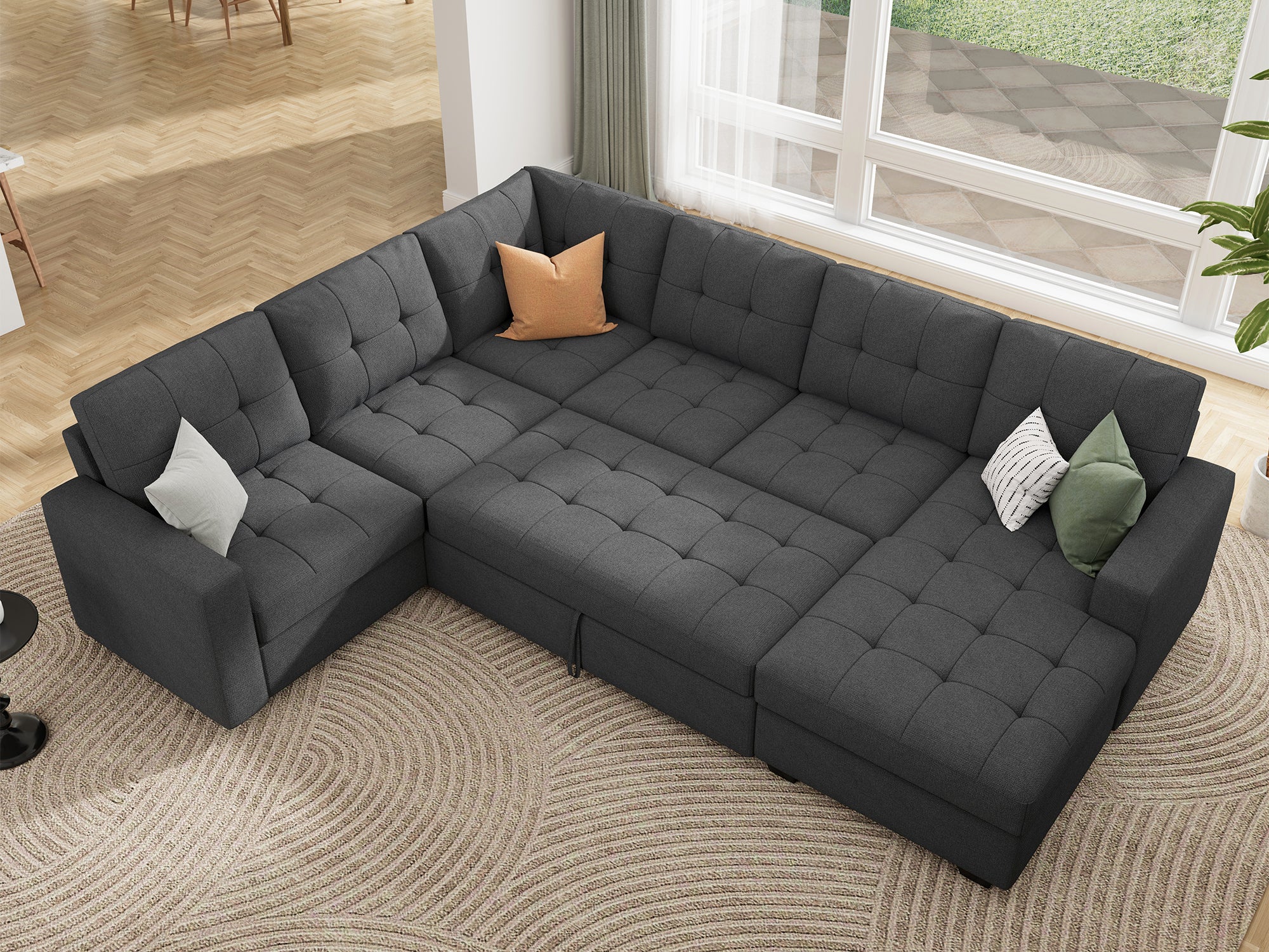 HONBAY 6-Piece Polyester Sleeper Sectional Sofa With Storage Space