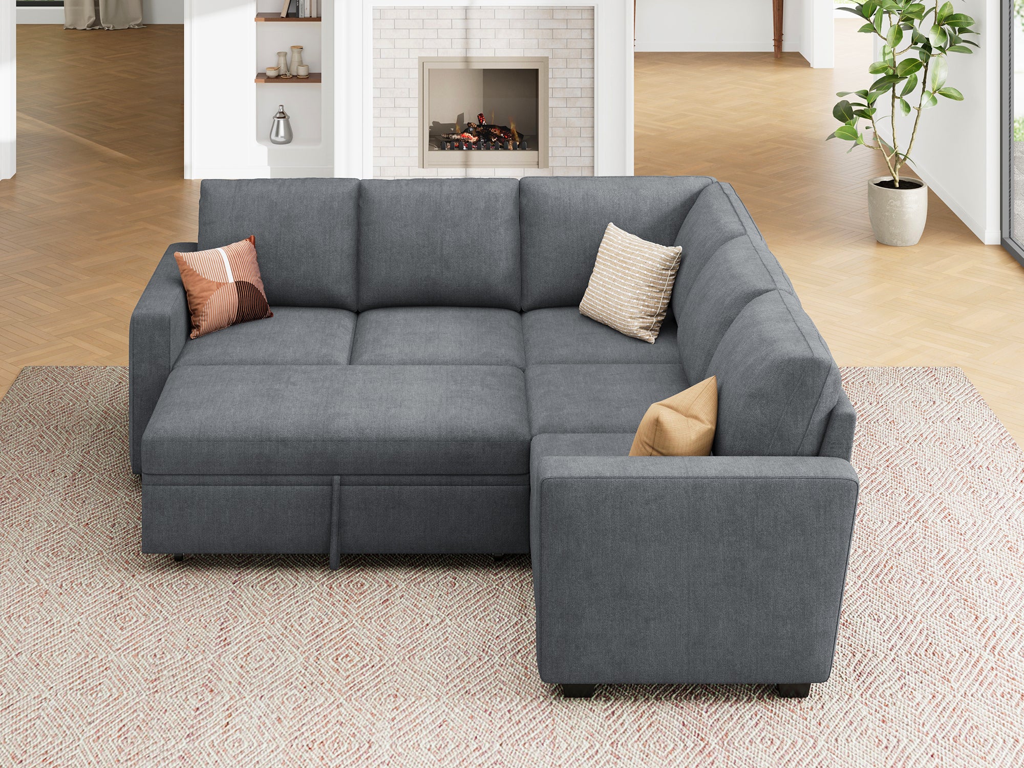 HONBAY 5-Piece Polyester Modular Sleeper Sectional With Storage Space #Color_Bluish Grey