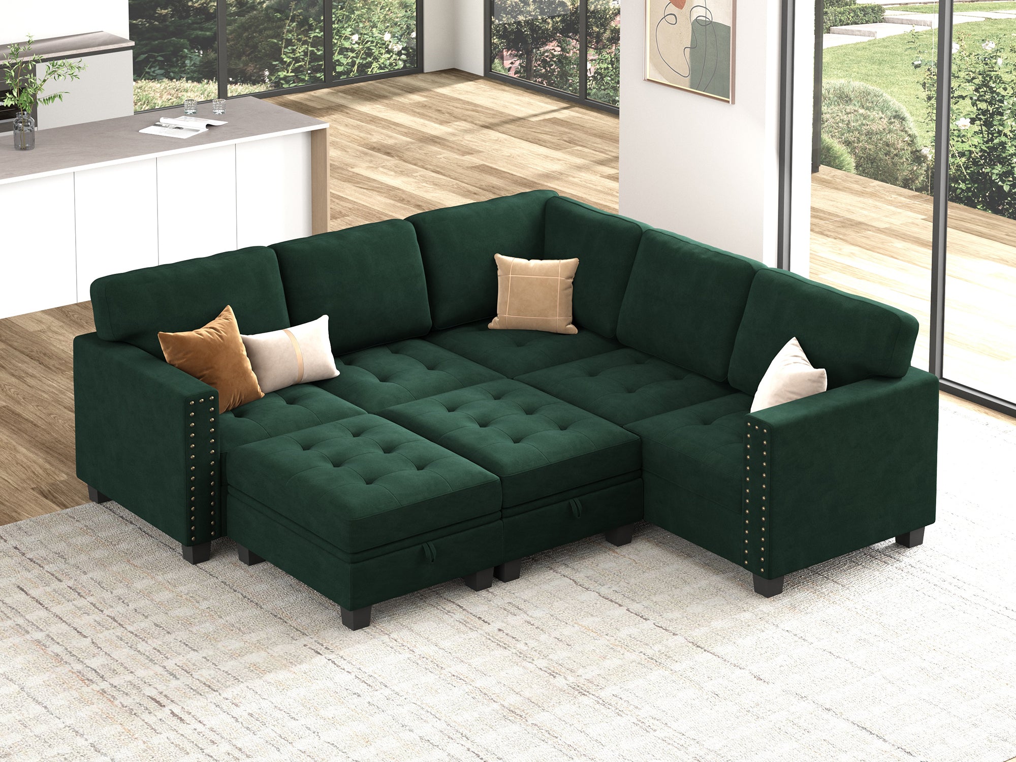 HONBAY 7-Piece Velvet Modular Sleeper Sectional With Storage Space