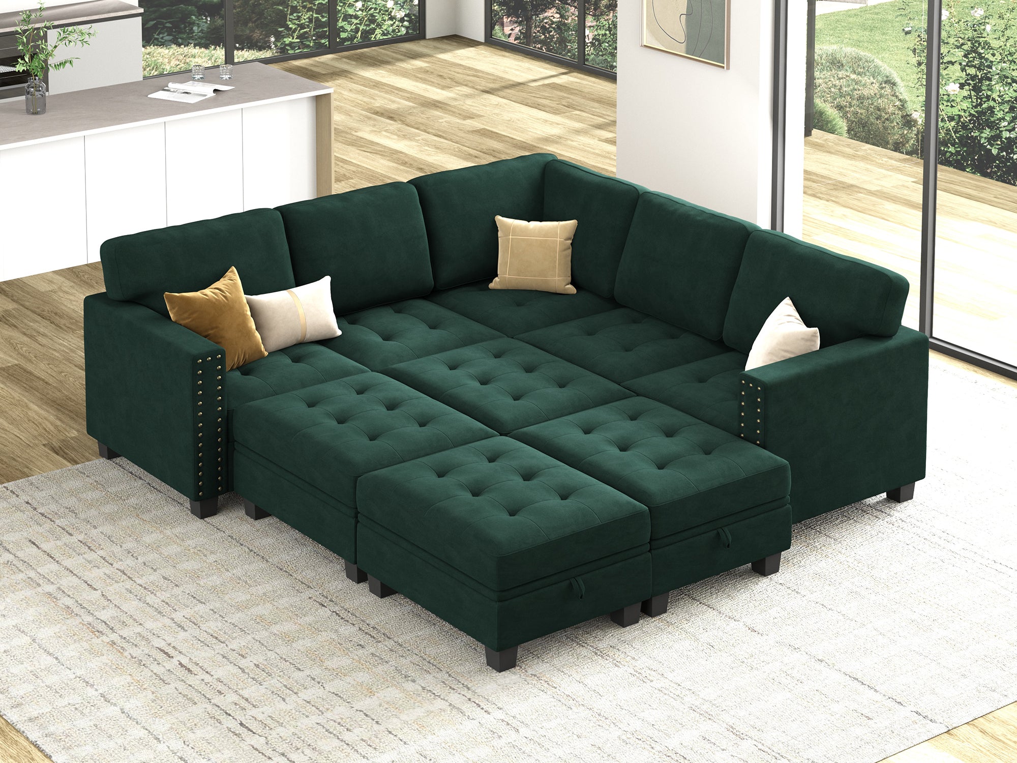 HONBAY 9-Piece Velvet Modular Sleeper Sectional With Storage Space