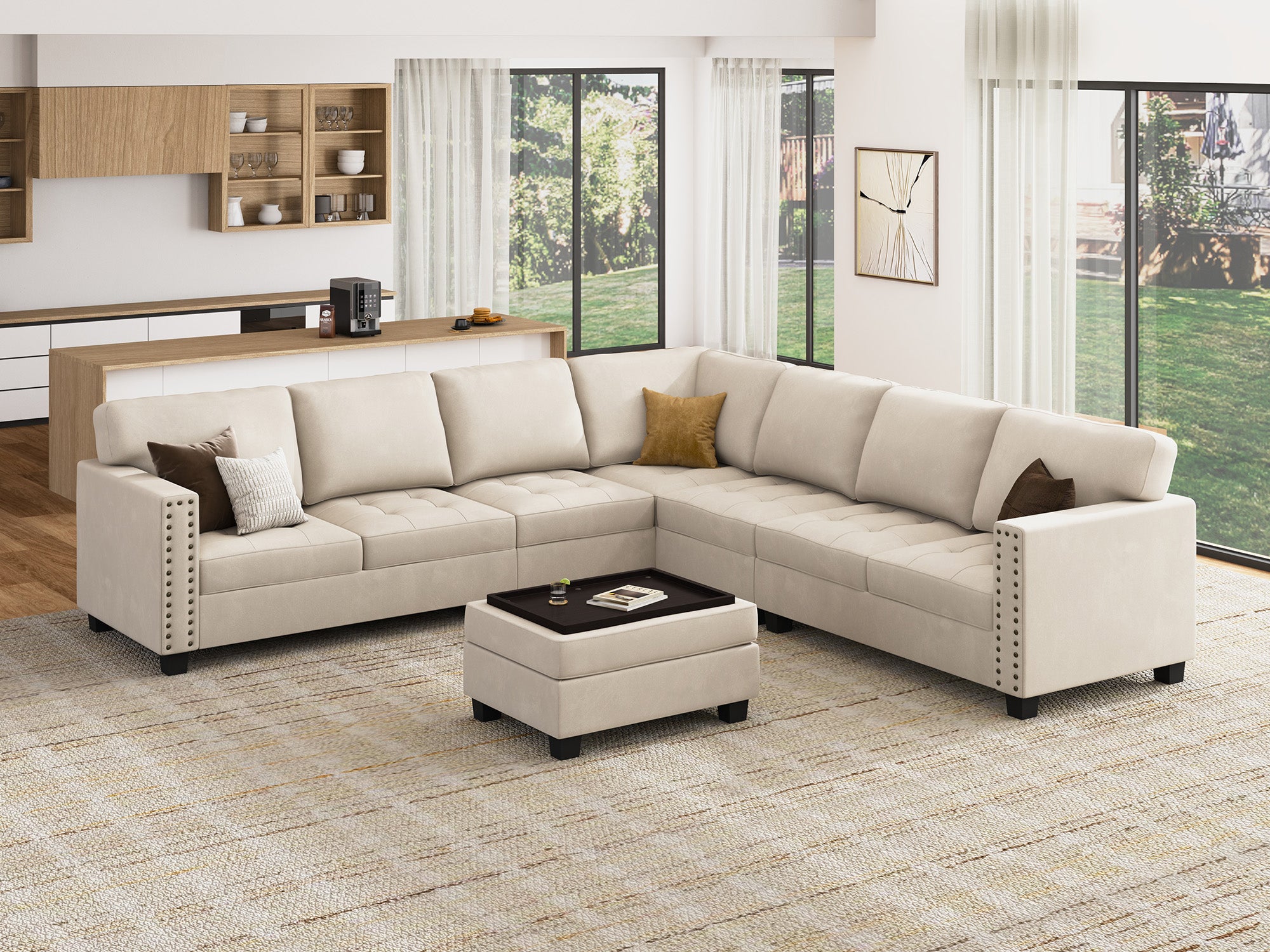 HONBAY 7-Piece Velvet Modular Sectional Sofa With Storage Ottoman