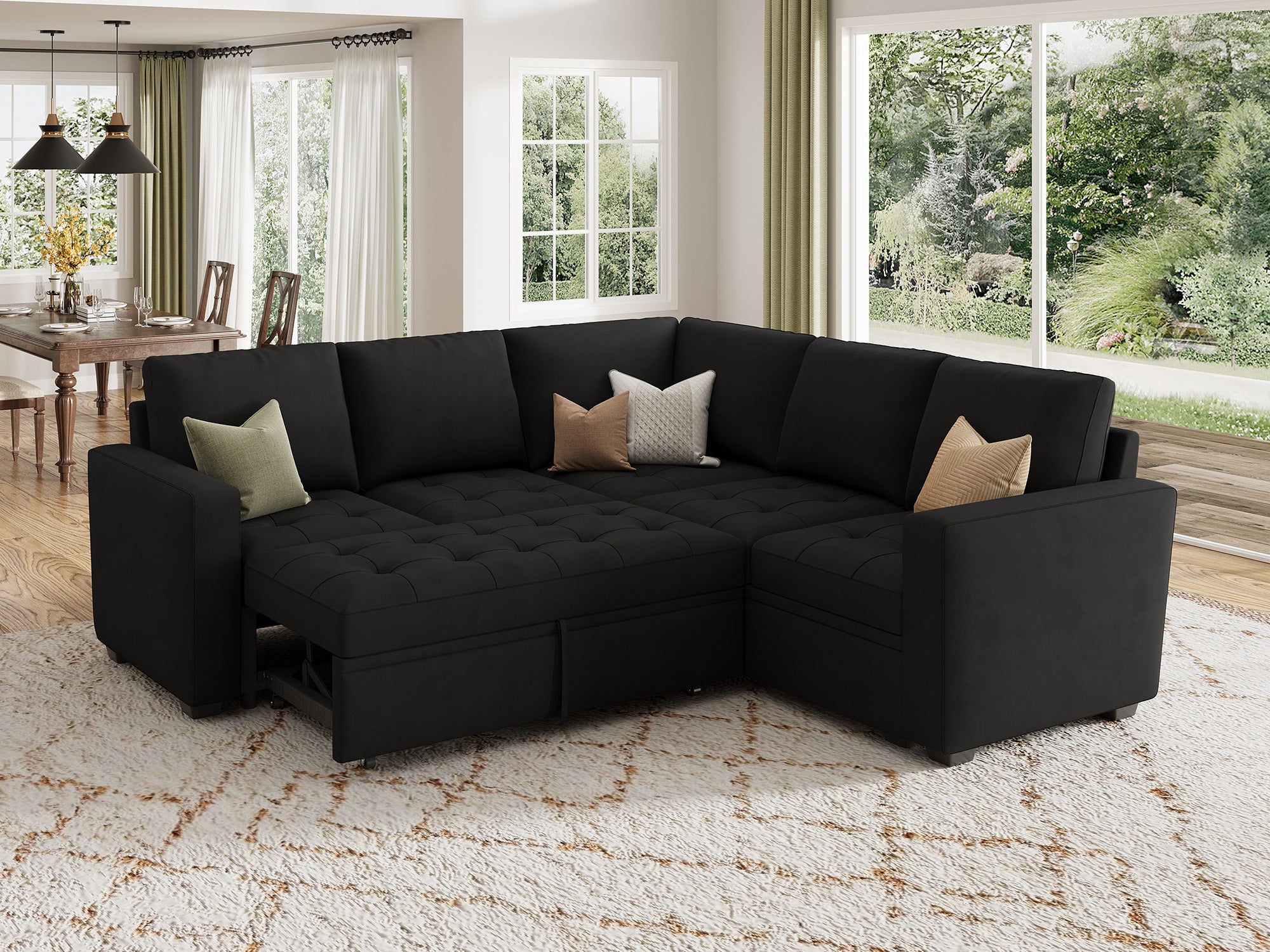 HONBAY 5-Piece Velvet Modular Sleeper Sectional Sofa With Storage Space