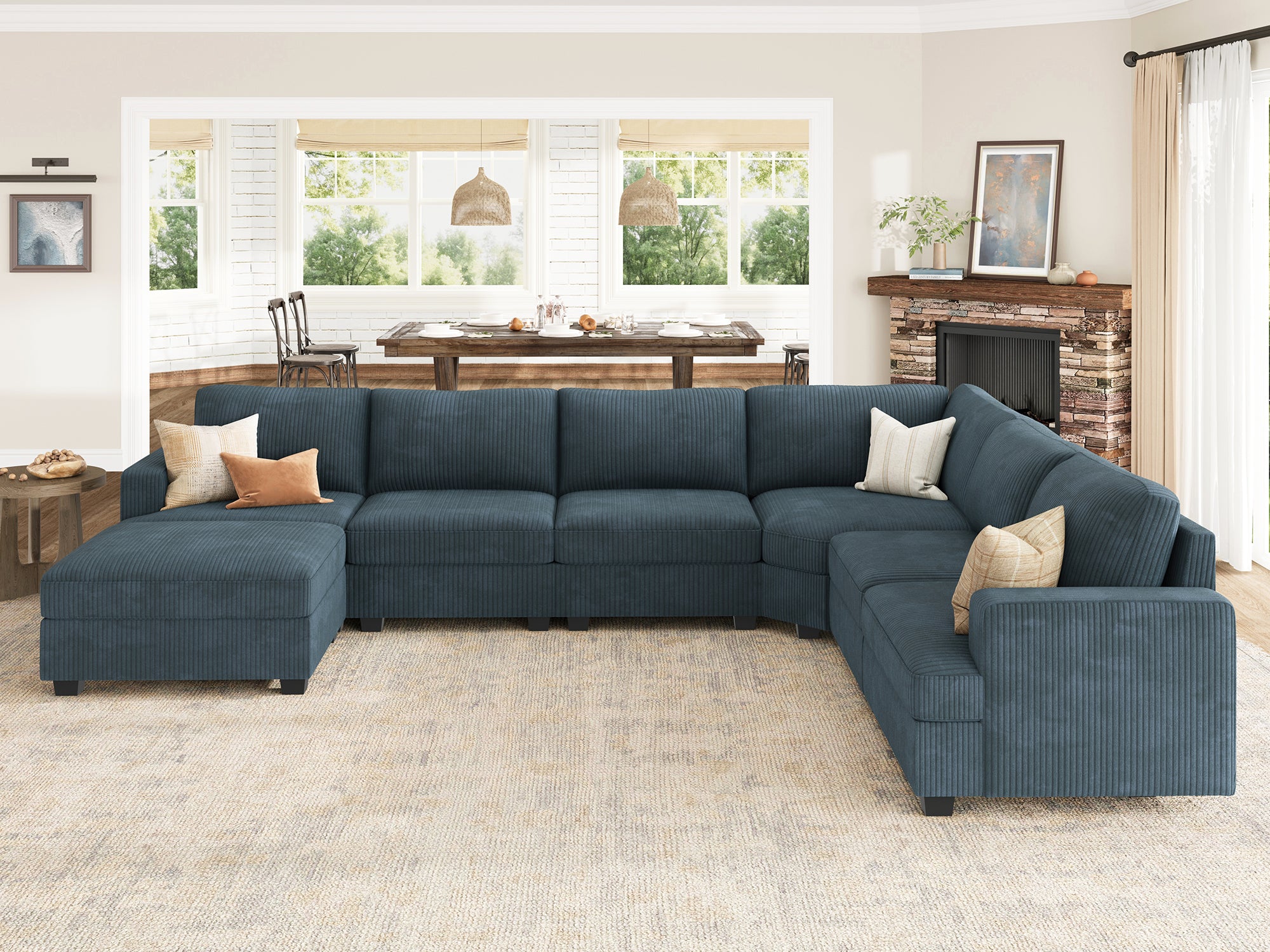 HONBAY 7-Piece Corduroy Modular Lindyn Sectional With Storage Ottoman #Color_Corduroy Blue