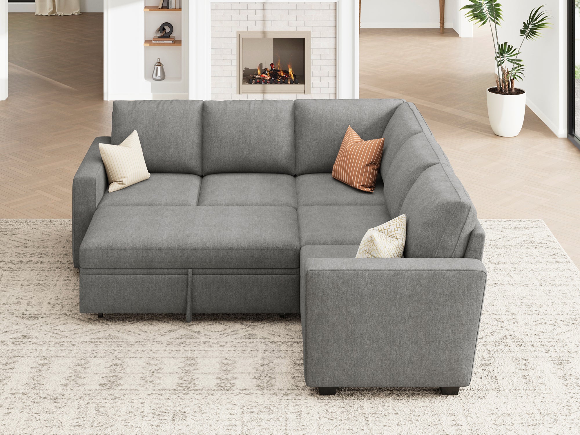 HONBAY 5-Piece Polyester Modular Sleeper Sectional With Storage Space #Color_Warm Grey