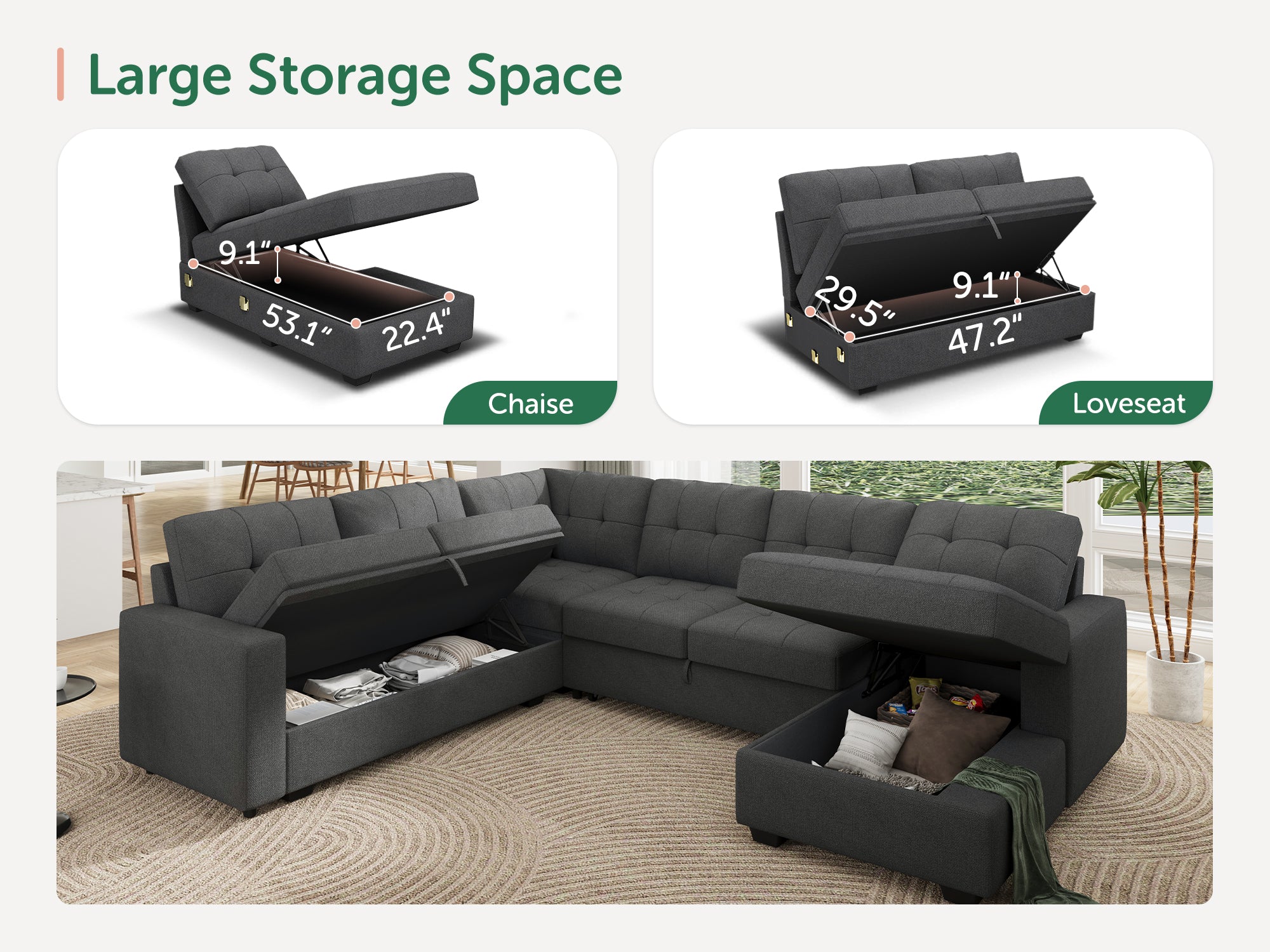 HONBAY 6-Piece Polyester Sleeper Sectional Sofa With Storage Space