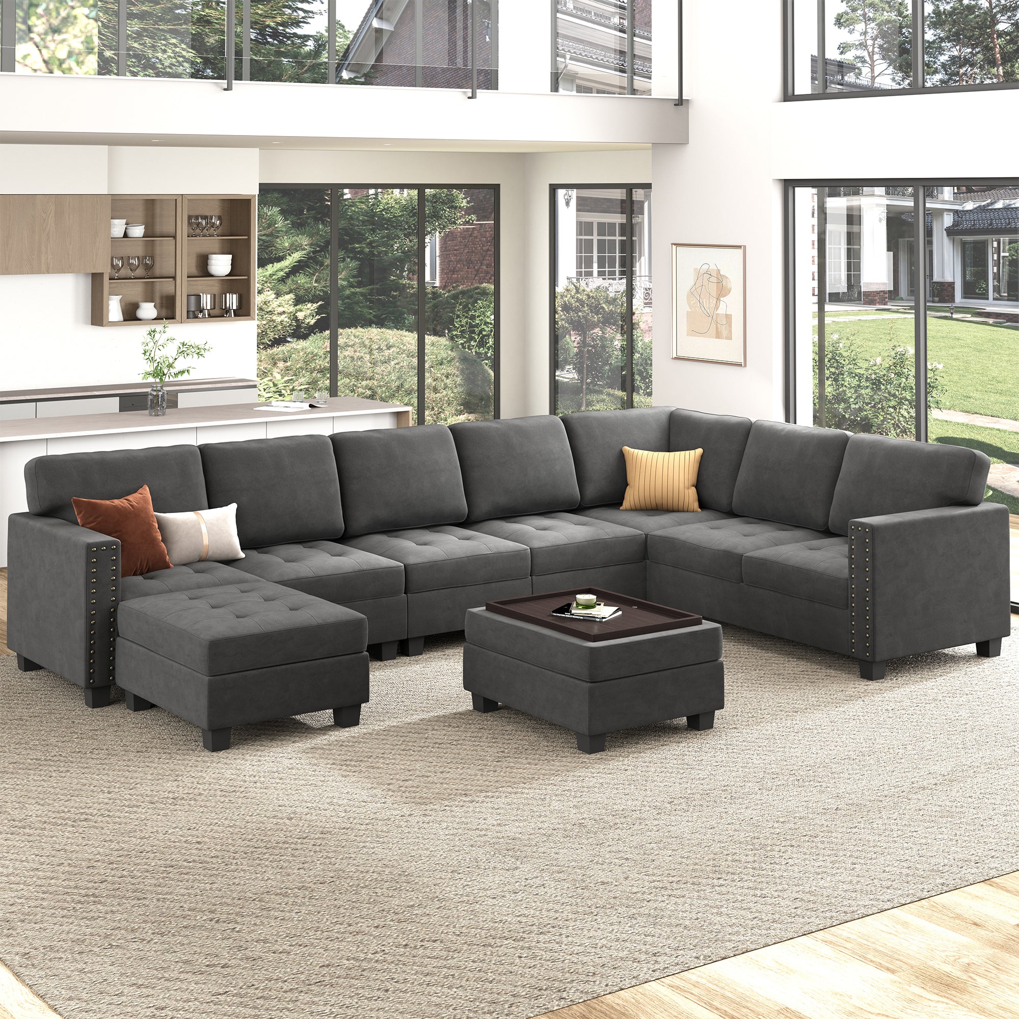 HONBAY Velvet Sectional Couch, U Shaped Sectional Sofa with Chaise Modular Sectional with Storage Ottoman for Living Room #Color_Greyn
