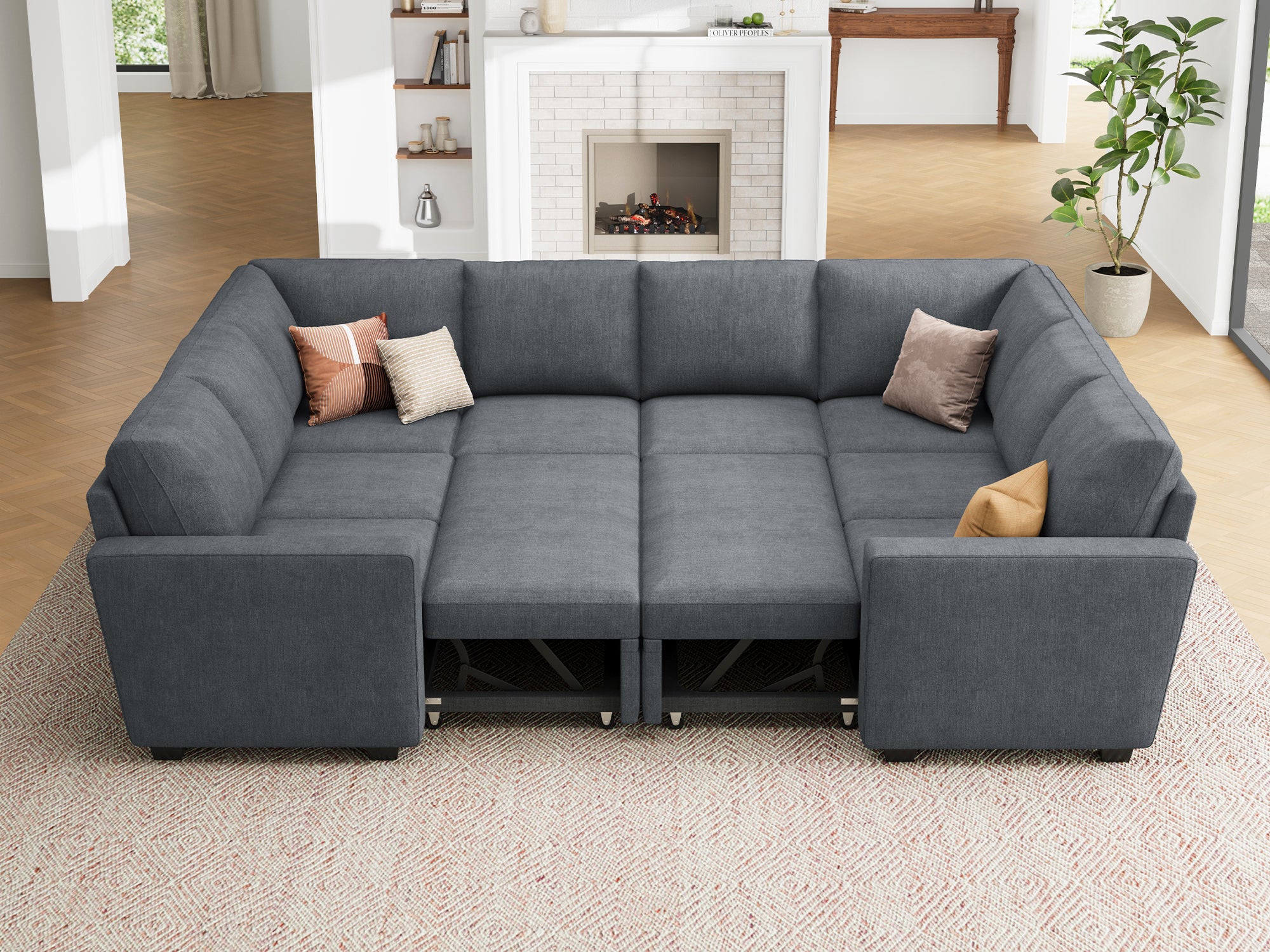 HONBAY Sleep Modular Sofa 8-Seat Sofa Bed with 2-Storage Space #Color_Bluish Grey