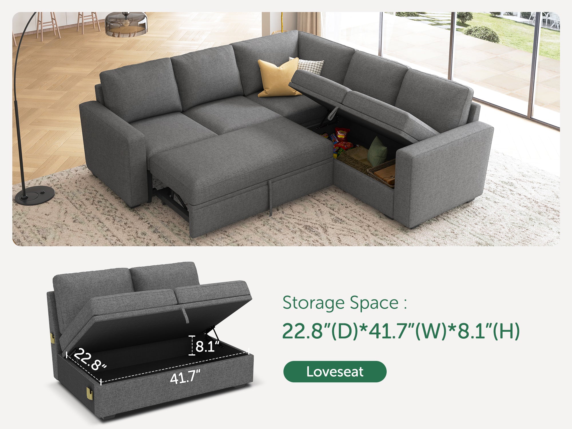 HONBAY 5-Piece Polyester Modular Sleeper Sectional With Storage Space #Color_Dark Grey