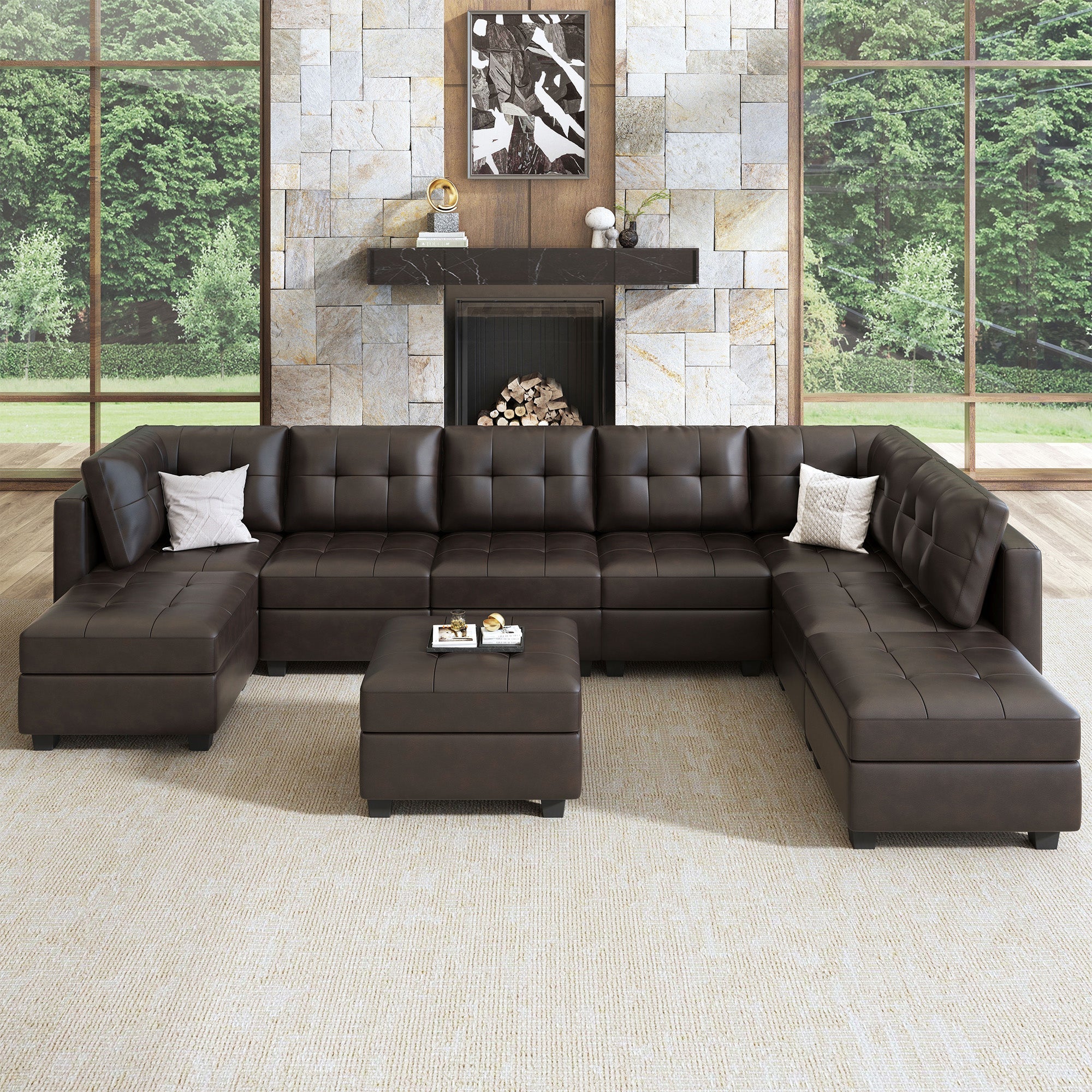 HONBAY 9-Piece Faux Leather Modular Sectional With Storage Seat