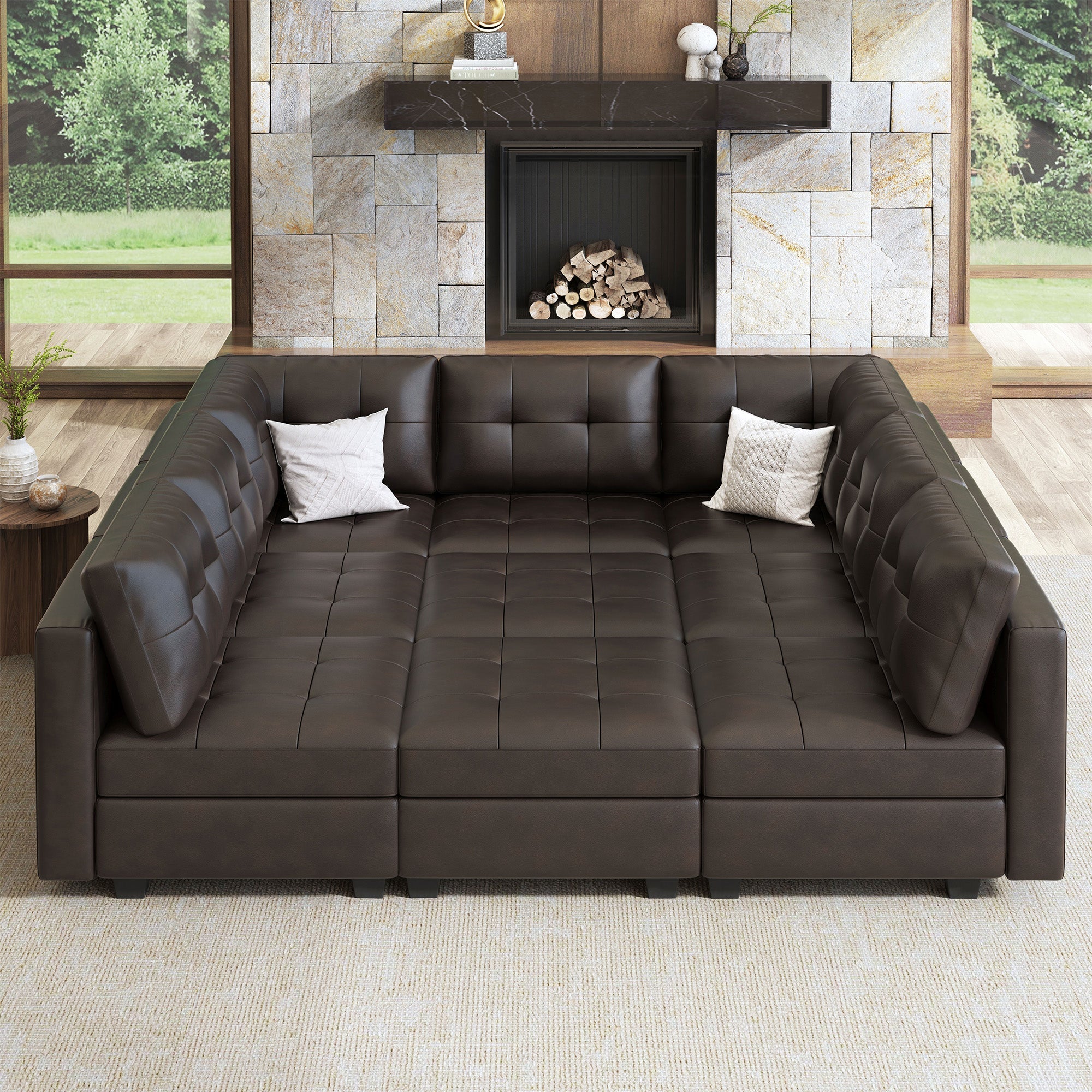 HONBAY 9-Piece Faux Leather Modular Sleeper Sectional With Storage Seat