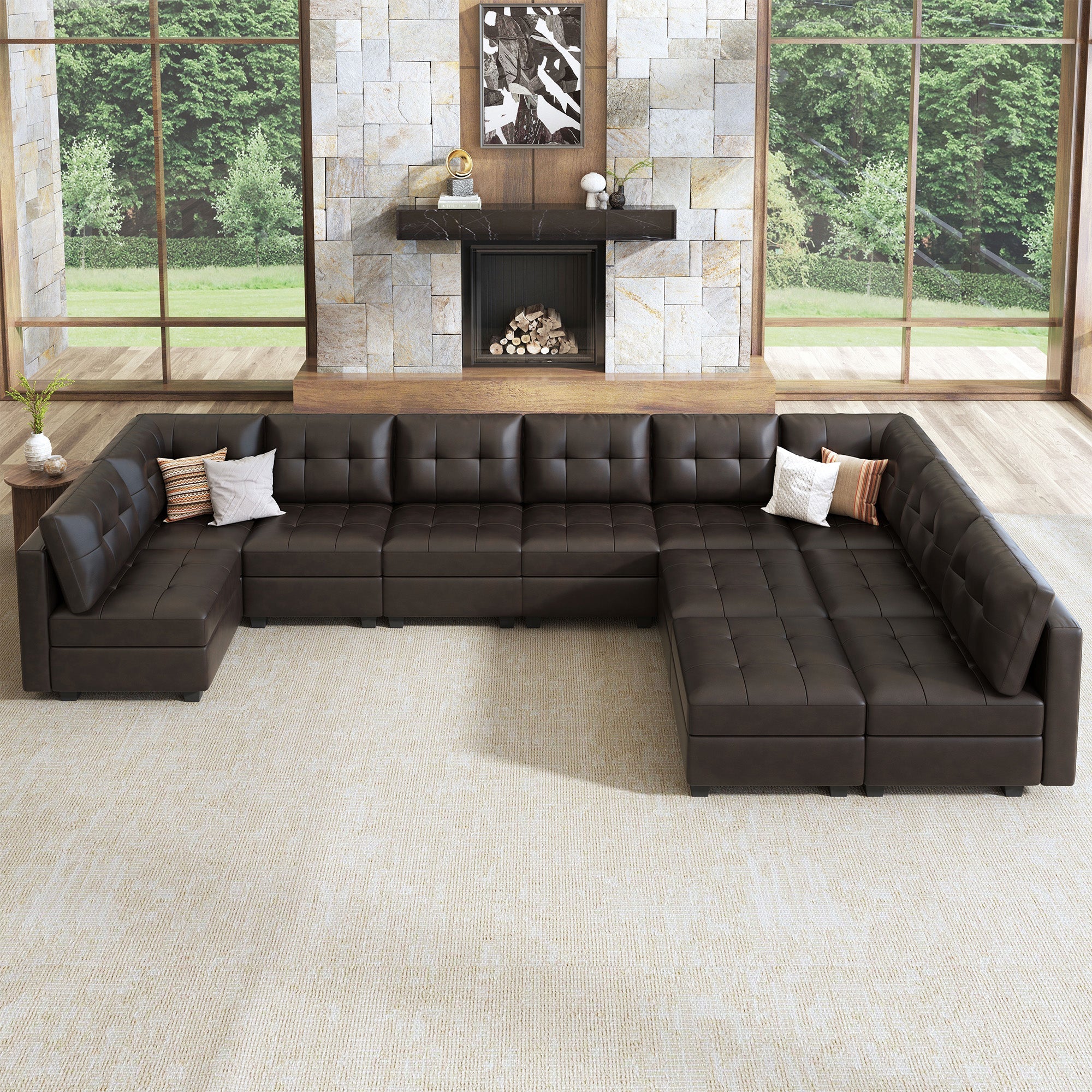 HONBAY 11-Piece Faux Leather Modular Sleeper Sectional With Storage Seat
