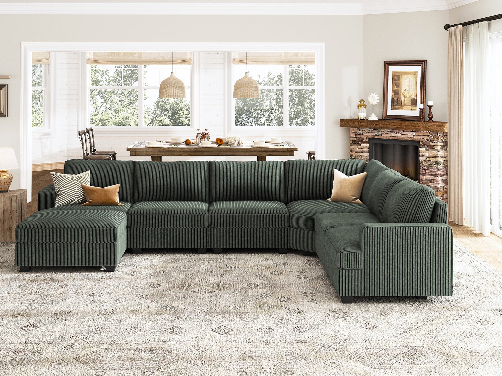 HONBAY 7-Piece Corduroy Modular Lindyn Sectional With Storage Ottoman #Color_Corduroy Green