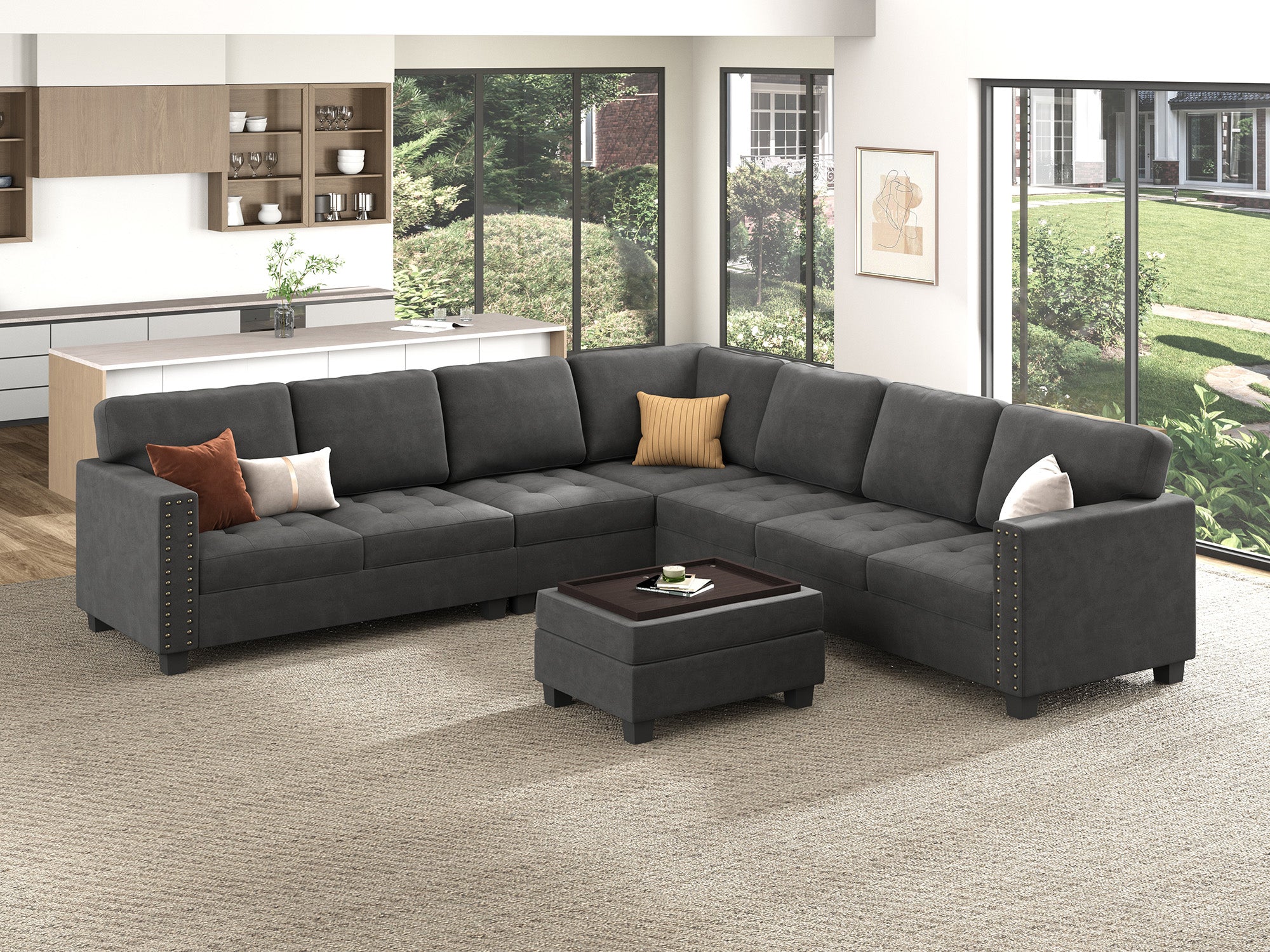 HONBAY 7-Piece Velvet Modular Sectional Sofa With Storage Ottoman