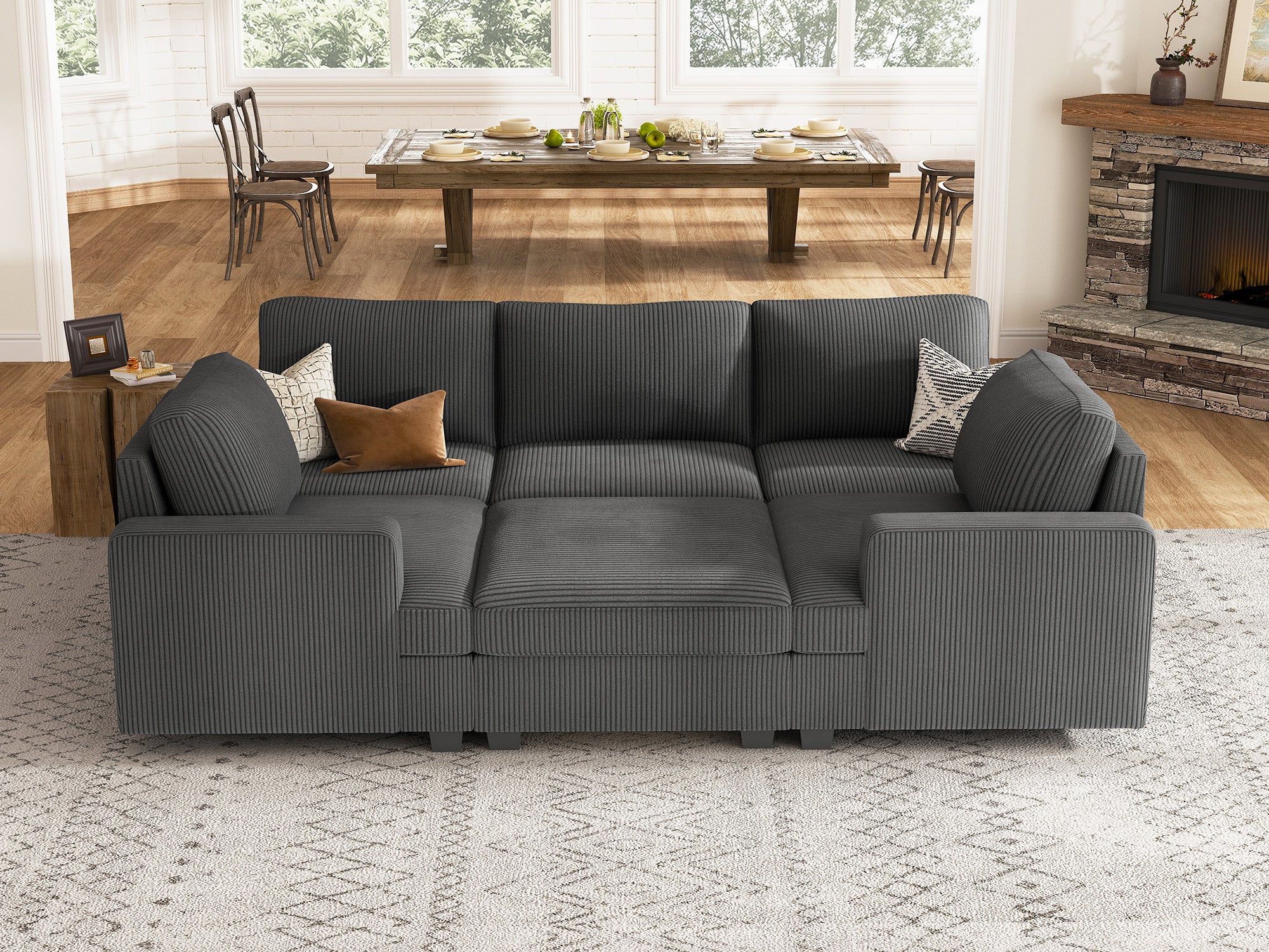 HONBAY 6-Piece Corduroy Modular Sleeper Lindyn Sectional With Storage Space #Color_Corduroy Grey