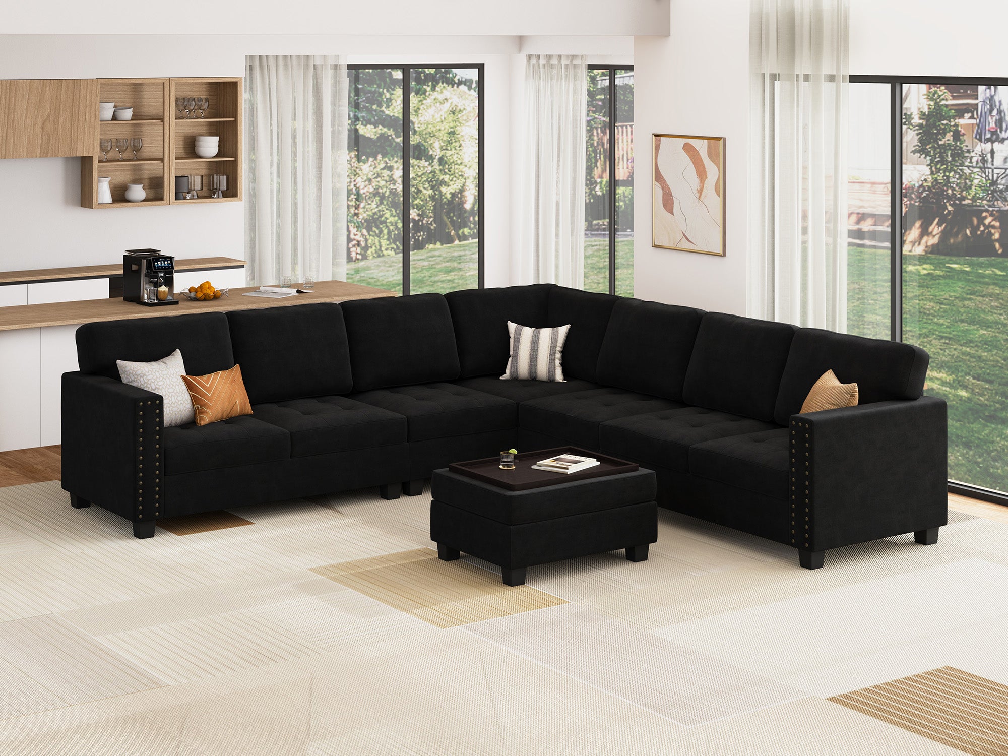 HONBAY 7-Piece Velvet Modular Sectional Sofa With Storage Ottoman