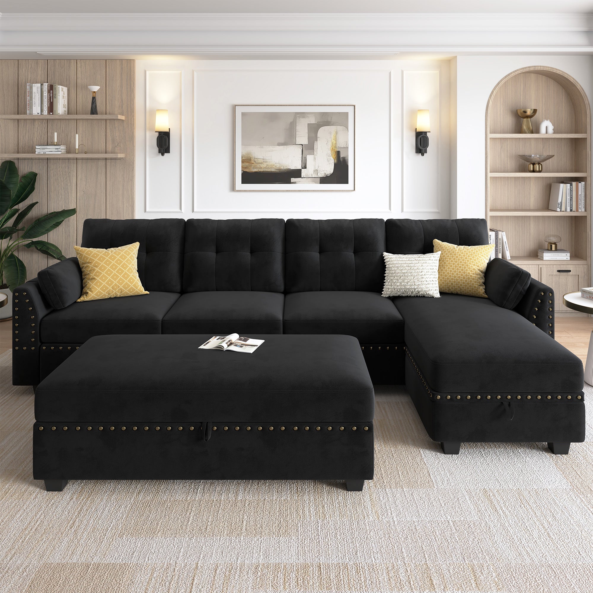 HONBAY 5-Piece Velvet Convertible Sectional With Storage Ottoman