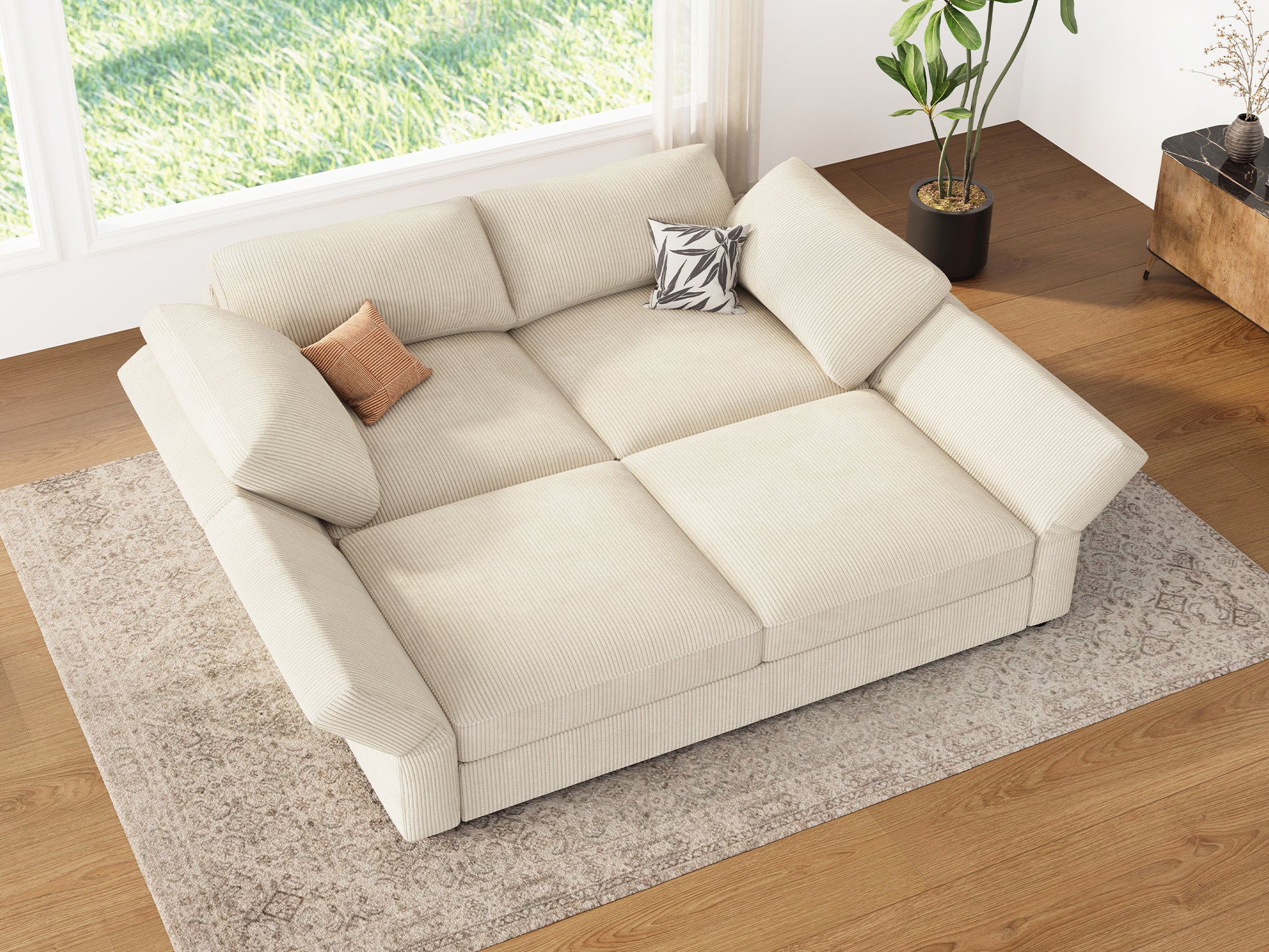 HONBAY 4-Piece Corduroy Modular Sectional Sleeper Cloud Sofa With Oversized Storage Seat