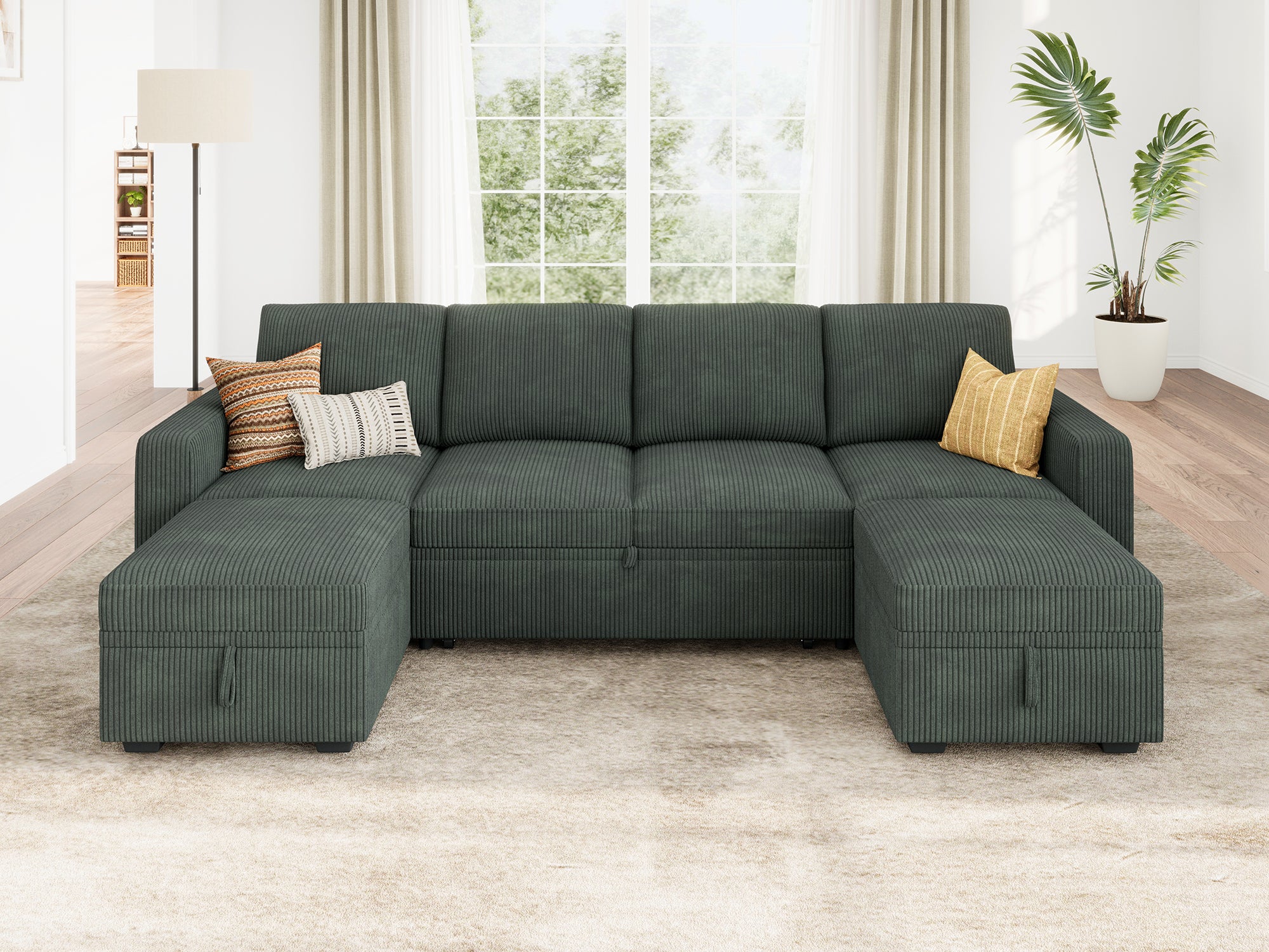 HONBAY 6-Piece Corduroy Modular Sleeper Sectional Sofa With Storage Space