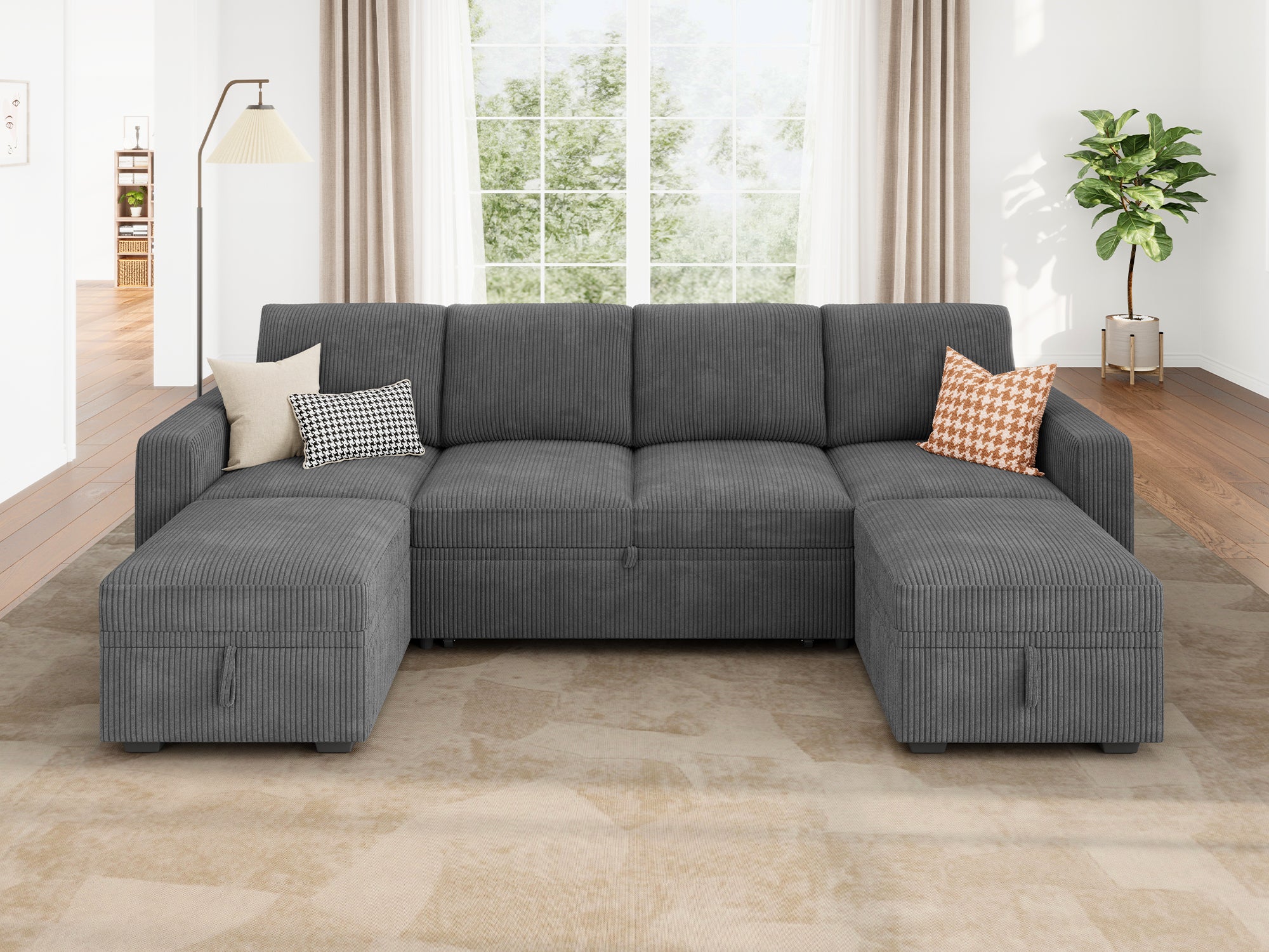 HONBAY 6-Piece Corduroy Modular Sleeper Sectional Sofa With Storage Space