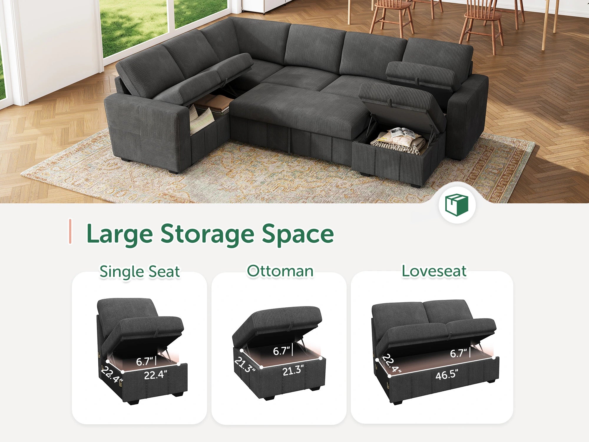 HONBAY 7-Piece Oversized Corduroy Pull-Out Sleeper Sectional Sofa with Storage & Block Arm