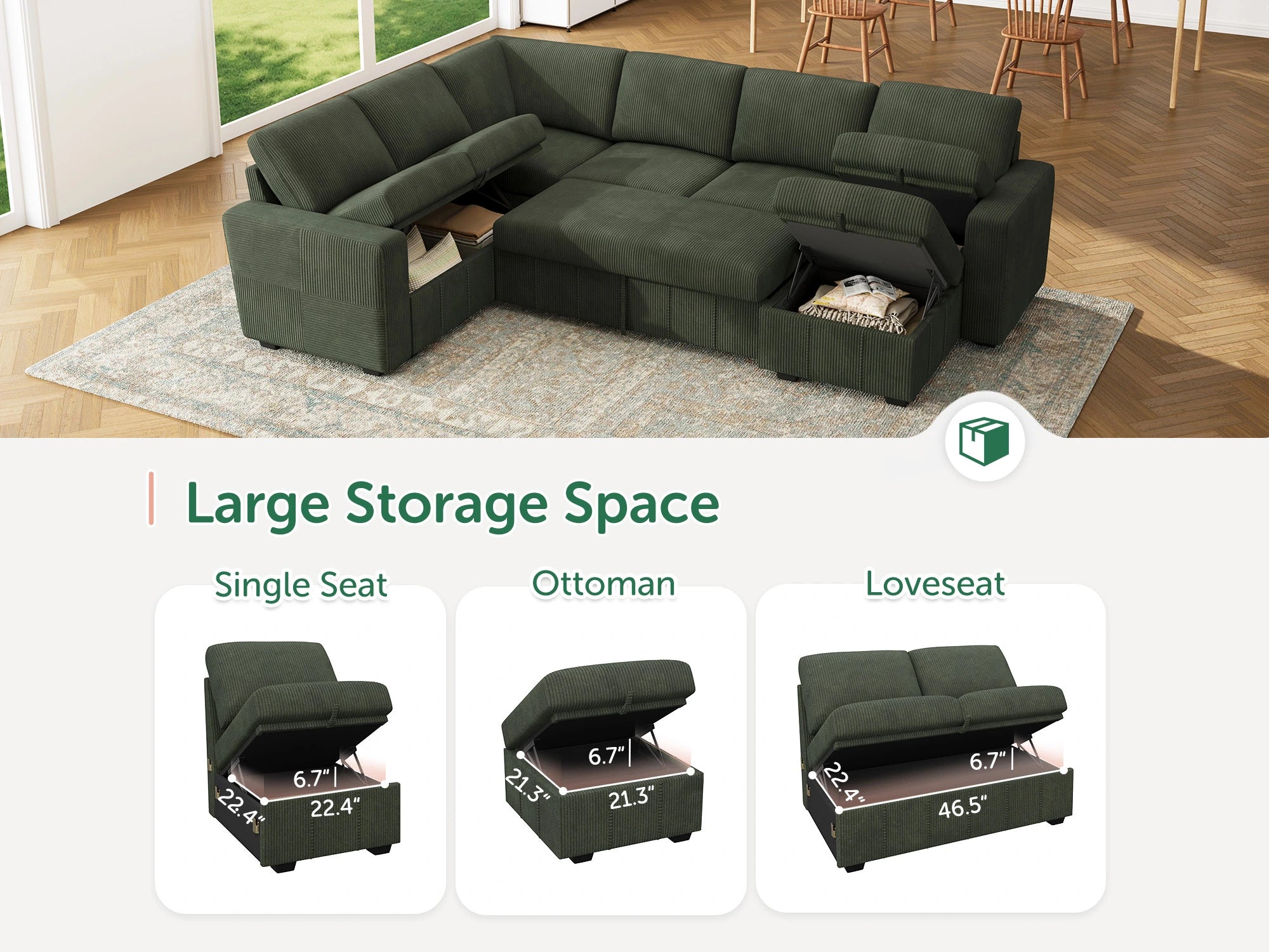 HONBAY 7-Piece Oversized Corduroy Pull-Out Sleeper Sectional Sofa with Storage & Block Arm