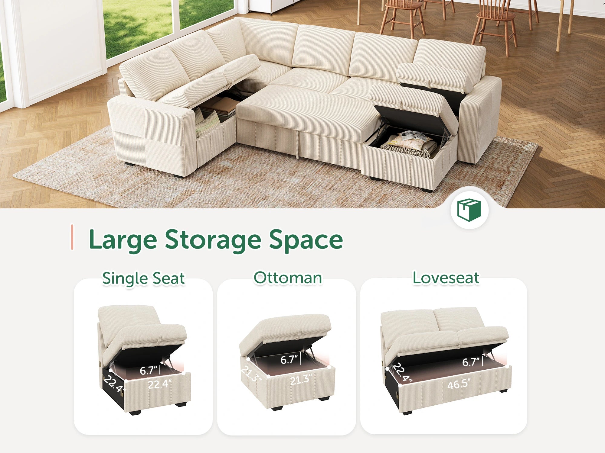 HONBAY 7-Piece Oversized Corduroy Pull-Out Sleeper Sectional Sofa with Storage & Block Arm