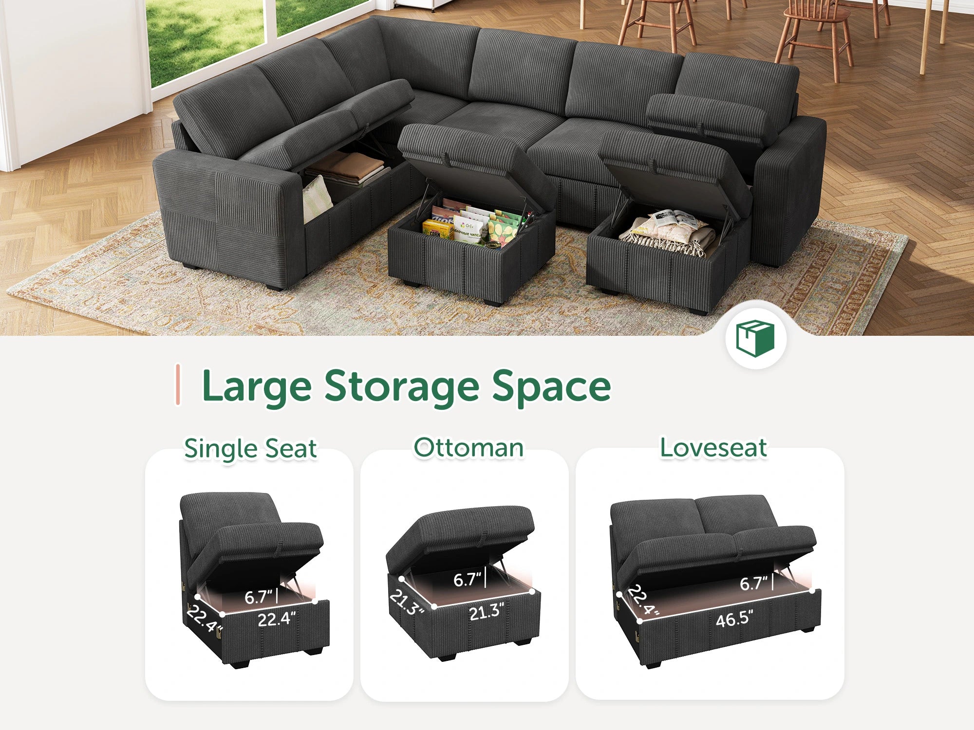 8-Piece Corduroy U-Shaped  Sleeper Sectional 
#Color_Corduroy Grey
