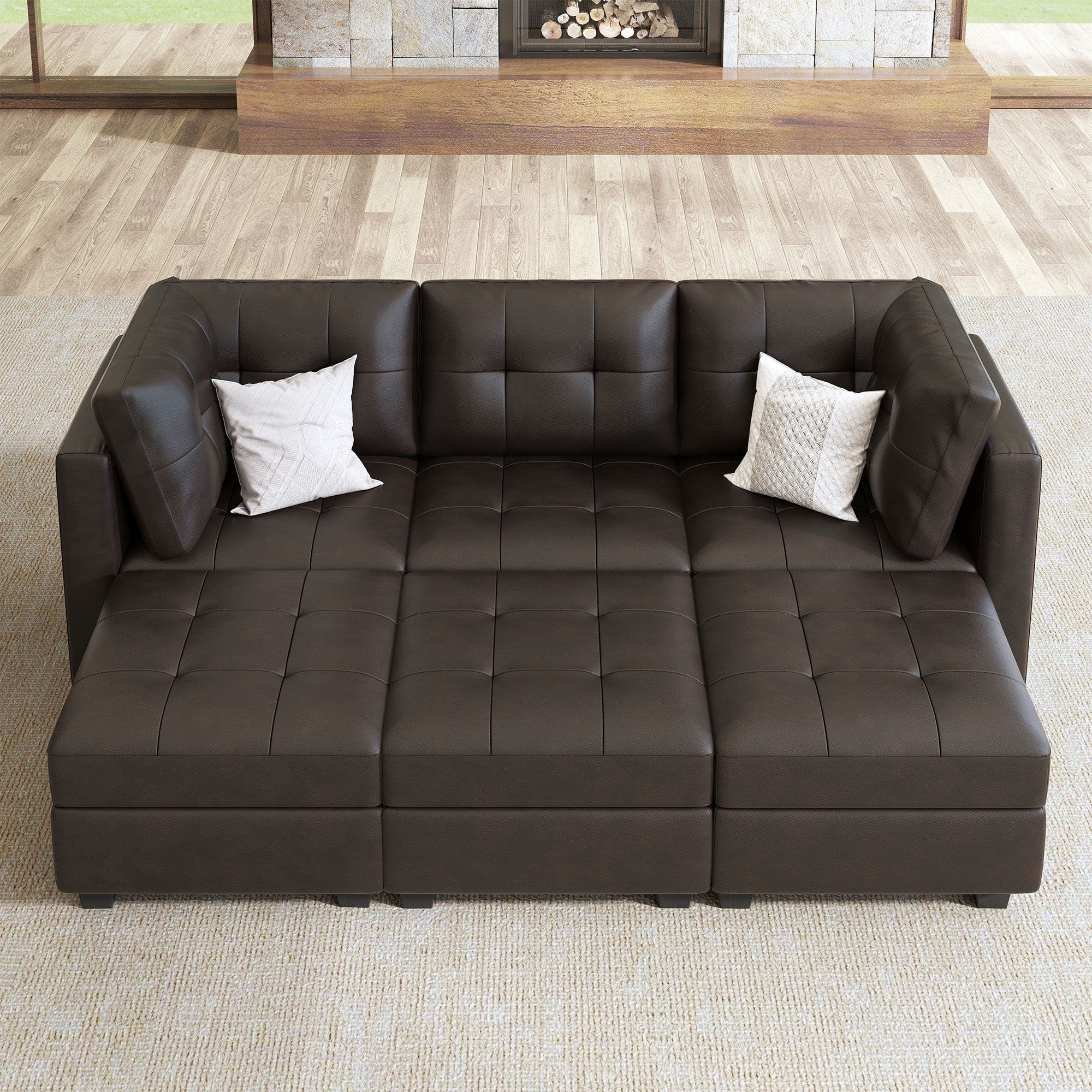 HONBAY Velvet Tufted 3-Seat Modular Sofa with Storage & Convertible Sofa Bed #Color_PU-Brown