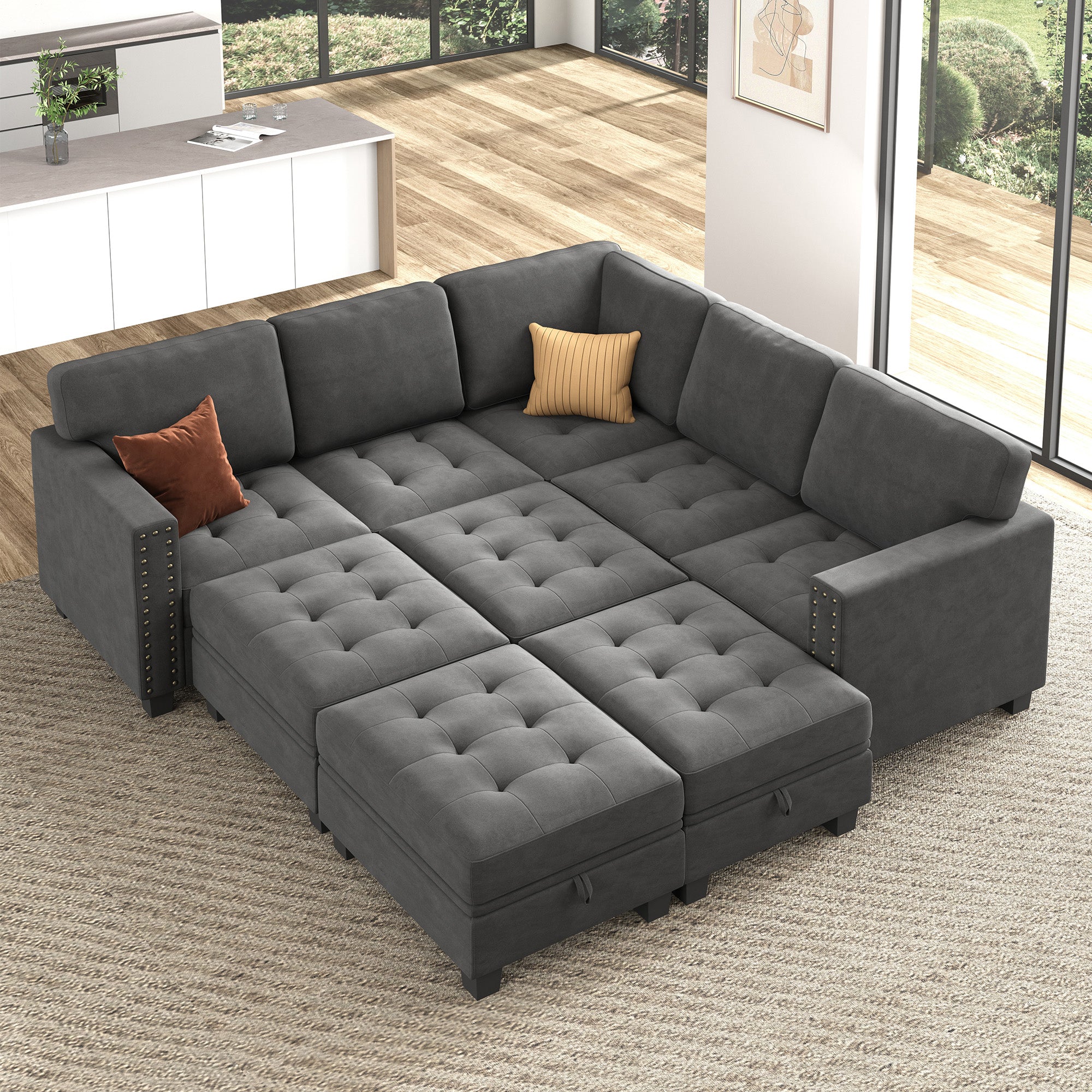 HONBAY Wraparound Modular Sofa 9-Seat With 4-Storage Space+1-Left Arm+1-Right Arm #Color_Grey