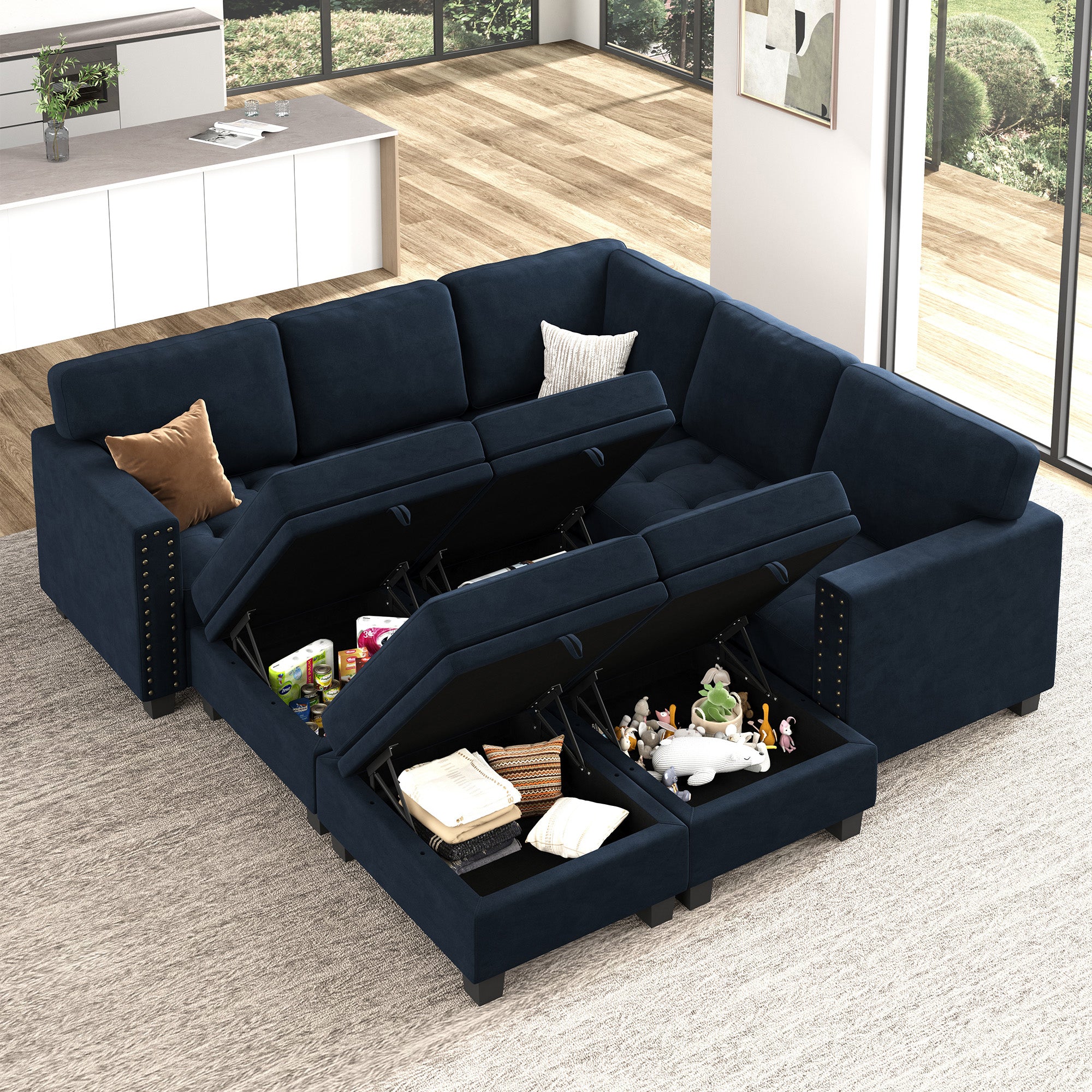 HONBAY Wraparound Modular Sofa 9-Seat With 4-Storage Space+1-Left Arm+1-Right Arm #Color_Dark Blue